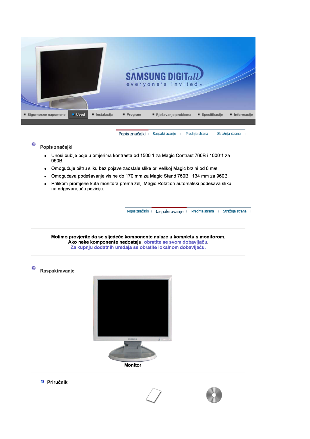 Samsung LS17HJDQFV/EDC, LS17HJDQHV/EDC, LS19HJDQHV/EDC manual Popis značajki, Raspakiravanje 