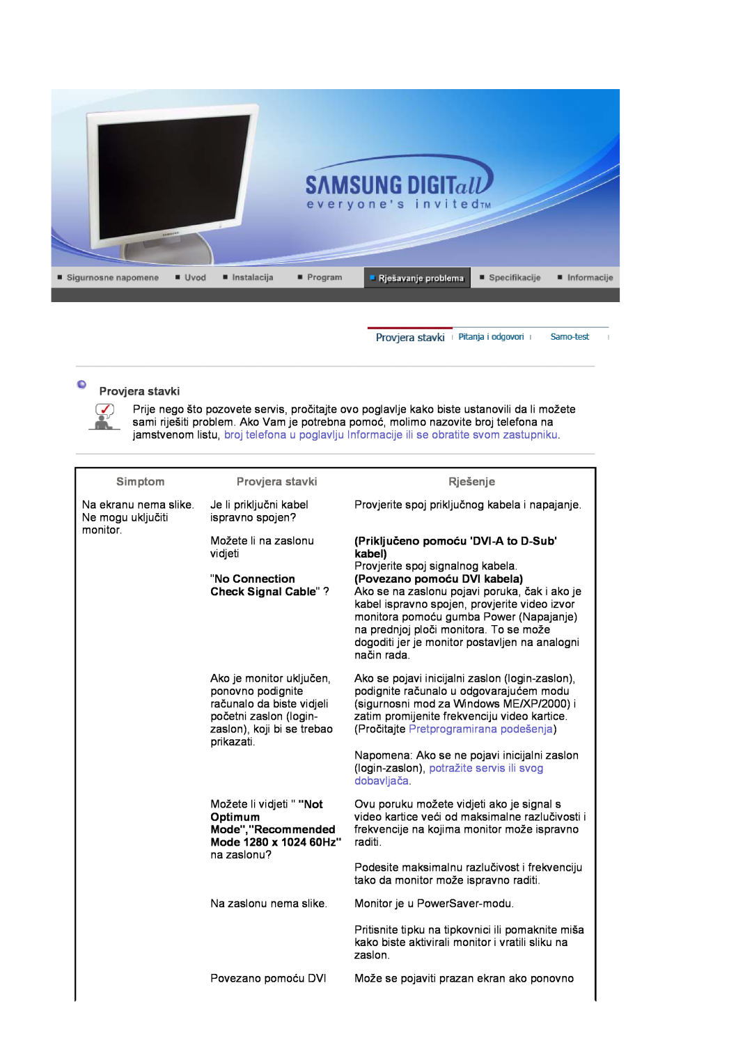 Samsung LS19HJDQHV/EDC Provjera stavki, Priključeno pomoću DVI-A to D-Sub, kabel, No Connection, Check Signal Cable ? 