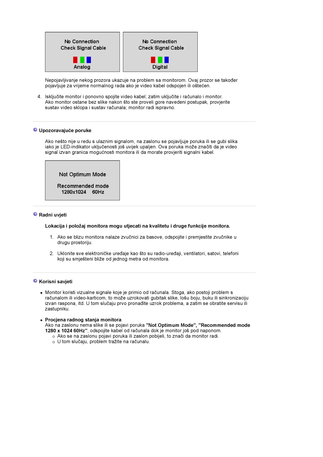 Samsung LS19HJDQHV/EDC manual Upozoravajuće poruke, Radni uvjeti, Korisni savjeti, z Procjena radnog stanja monitora 