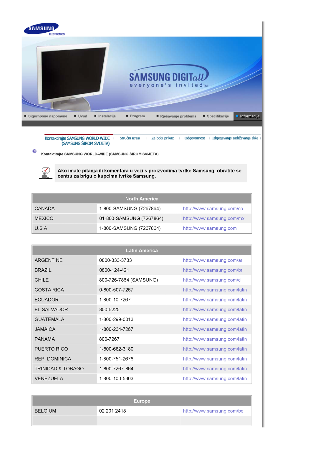Samsung LS17HJDQFV/EDC manual North America, Latin America, Europe, Kontaktirajte SAMSUNG WORLD-WIDE SAMSUNG ŠIROM SVIJETA 
