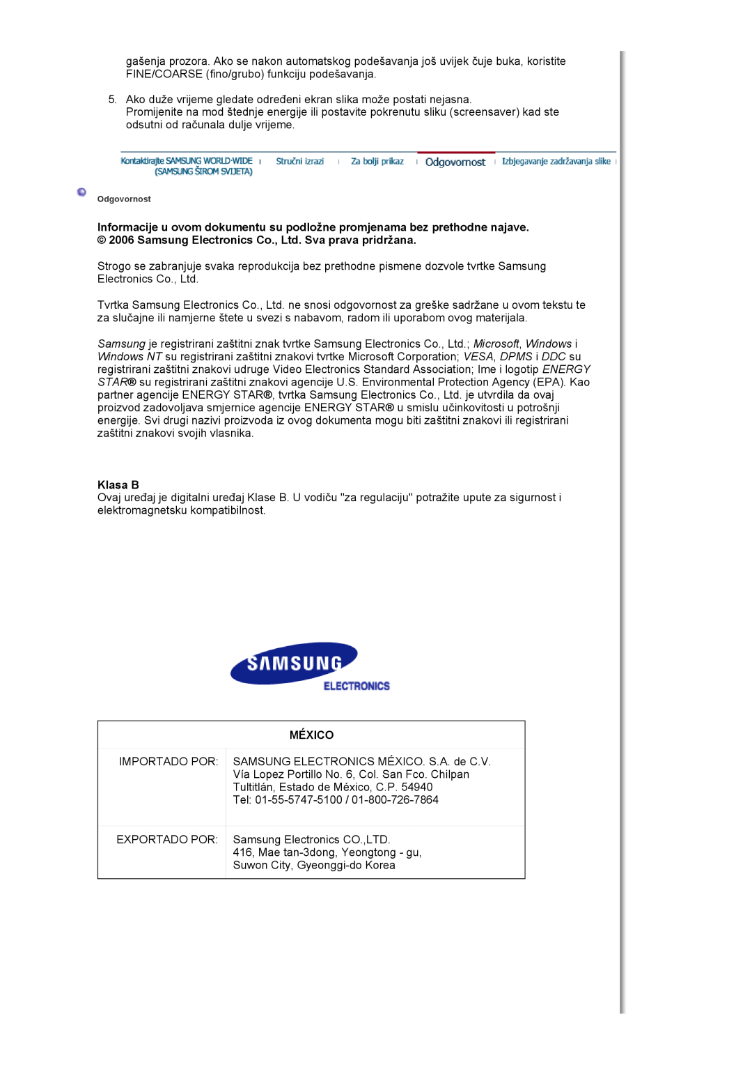 Samsung LS17HJDQFV/EDC, LS17HJDQHV/EDC, LS19HJDQHV/EDC manual Klasa B, México 