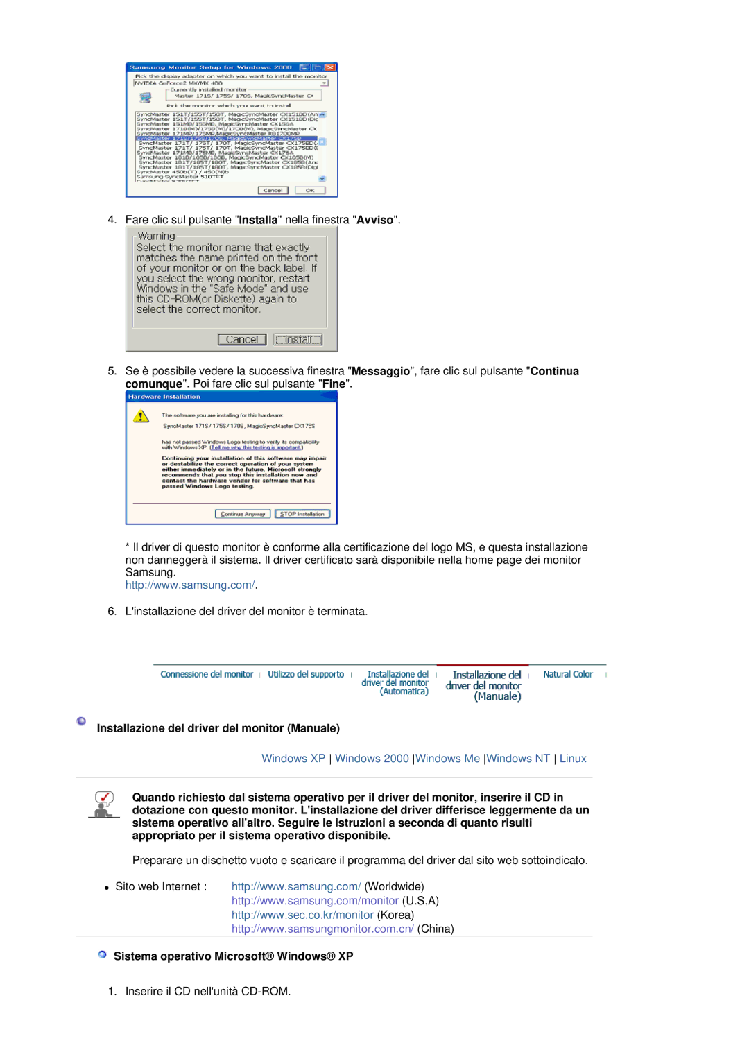 Samsung LS19HJDQHV/XSE manual Installazione del driver del monitor Manuale, Sistema operativo Microsoft Windows XP 