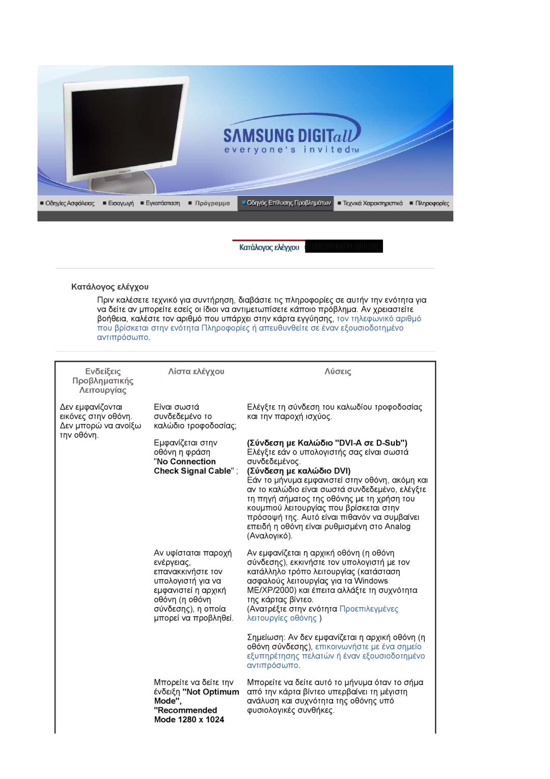 Samsung LS19HJDQHV/EDC, LS17HJDQHV/EDC manual Kατάλογος ελέγχου, Mode Recommended Mode 1280 x 