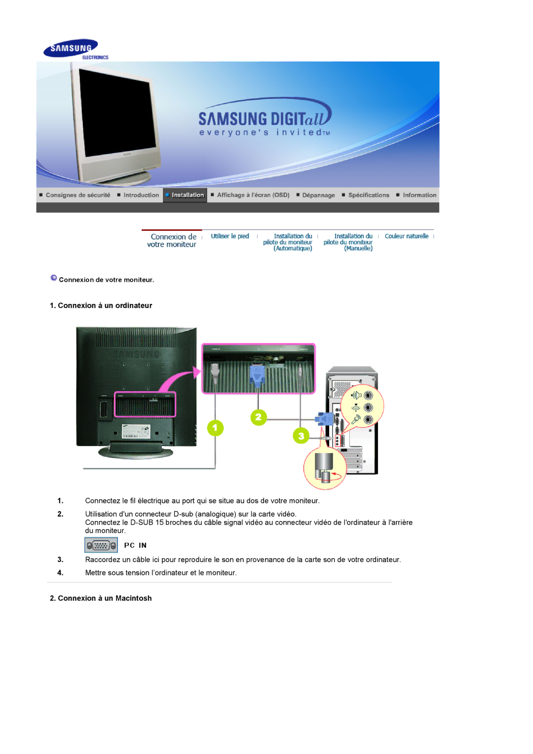 Samsung LS17MCASS/EDC manual Connexion à un ordinateur, Connexion à un Macintosh 