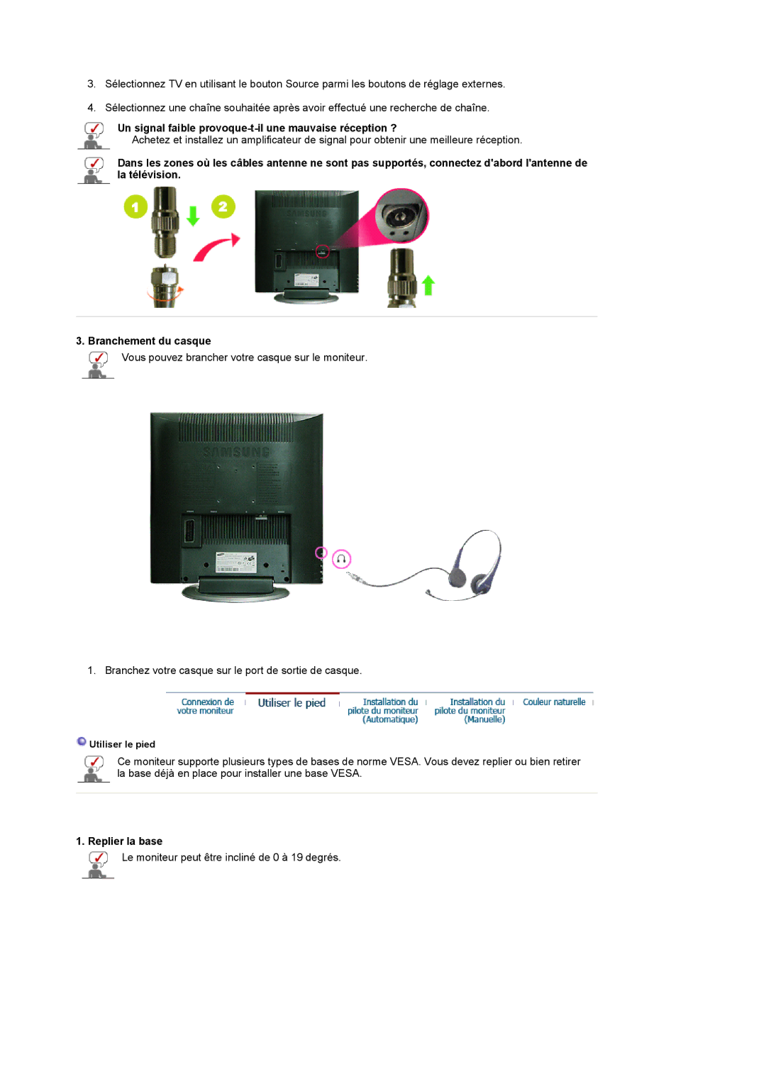 Samsung LS17MCASS/EDC manual Un signal faible provoque-t-il une mauvaise réception ?, Replier la base 