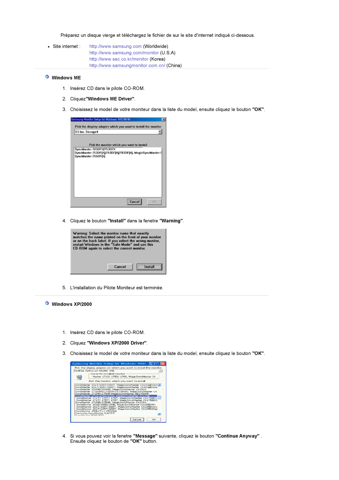 Samsung LS17MCASS/EDC manual CliquezWindows ME Driver, Cliquez Windows XP/2000 Driver 