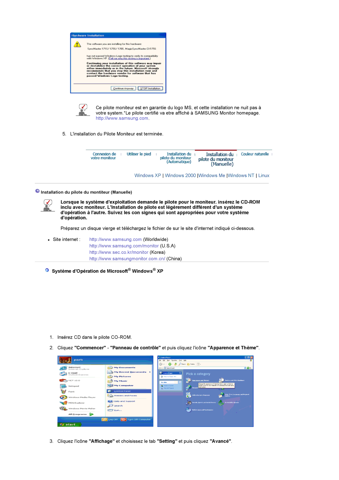 Samsung LS17MCASS/EDC manual Système dOpération de Microsoft Windows XP 