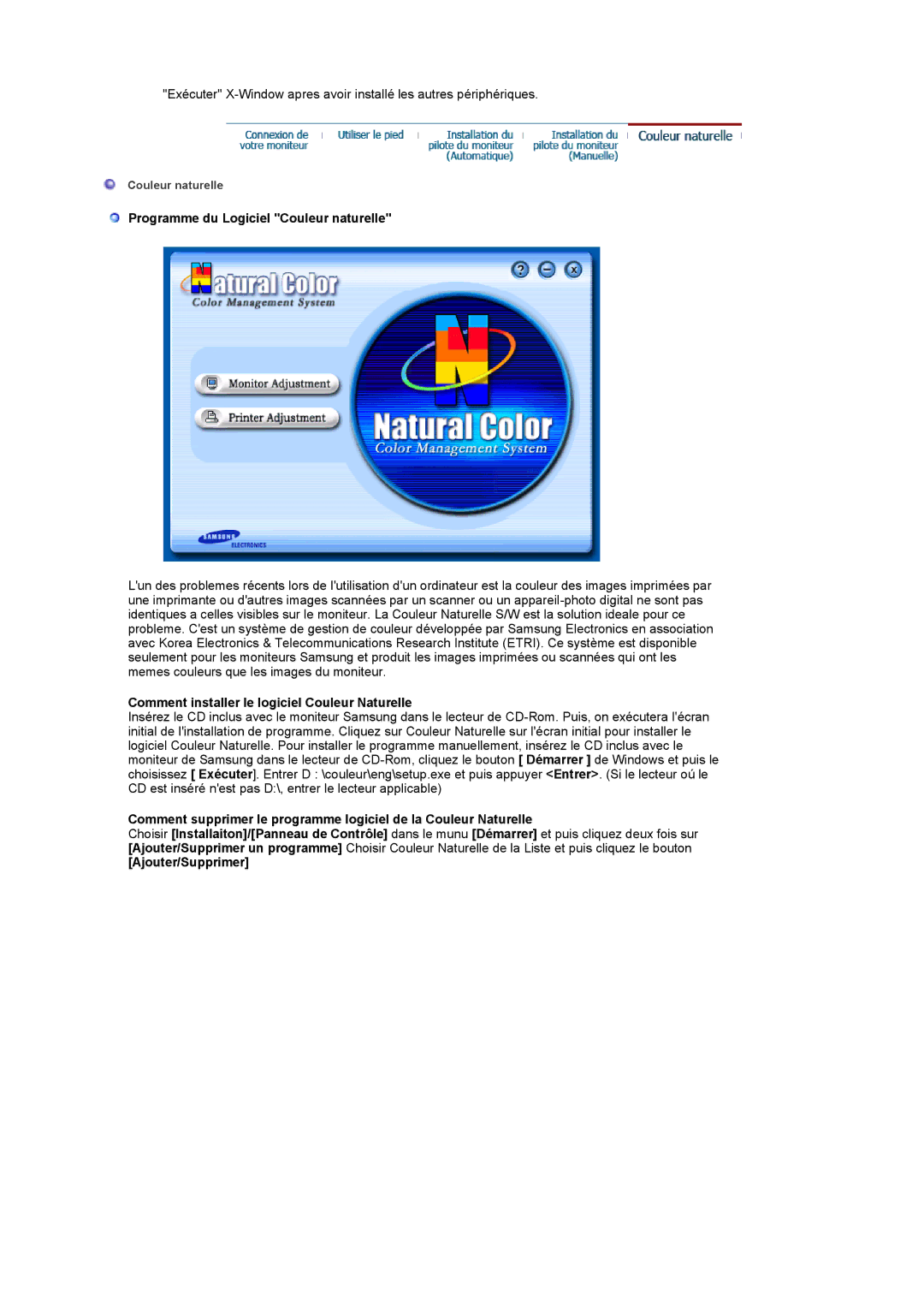 Samsung LS17MCASS/EDC manual Programme du Logiciel Couleur naturelle, Comment installer le logiciel Couleur Naturelle 
