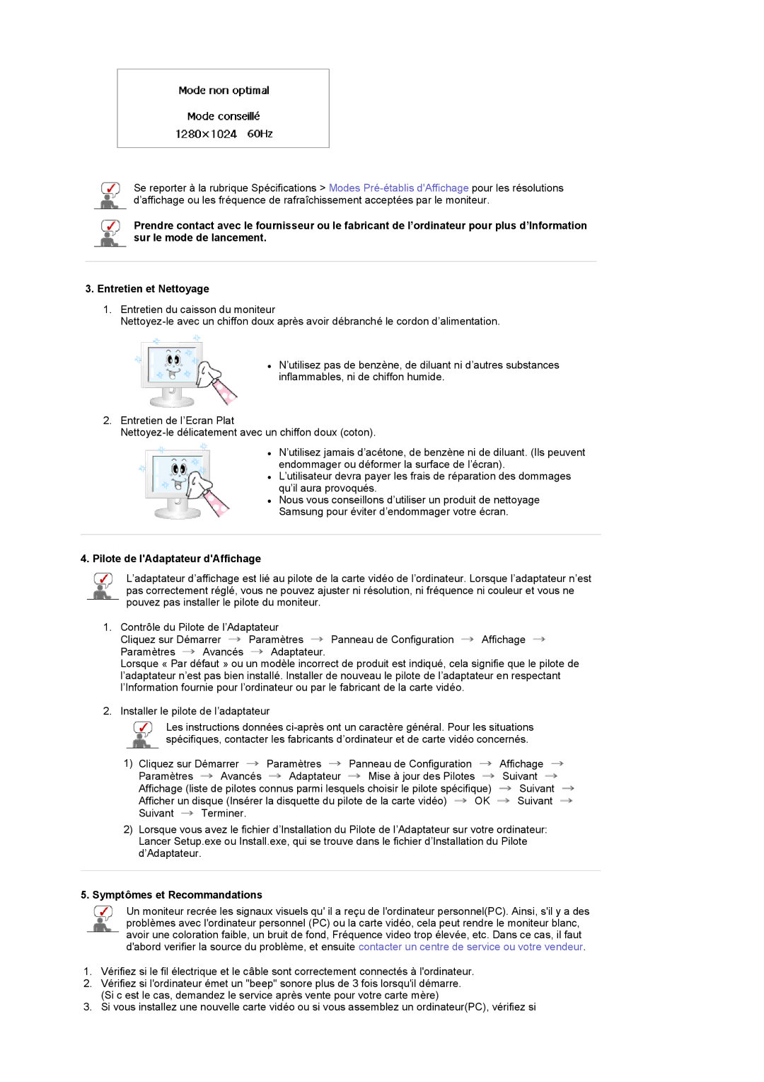 Samsung LS17MCASS/EDC manual Pilote de lAdaptateur dAffichage, Symptômes et Recommandations 