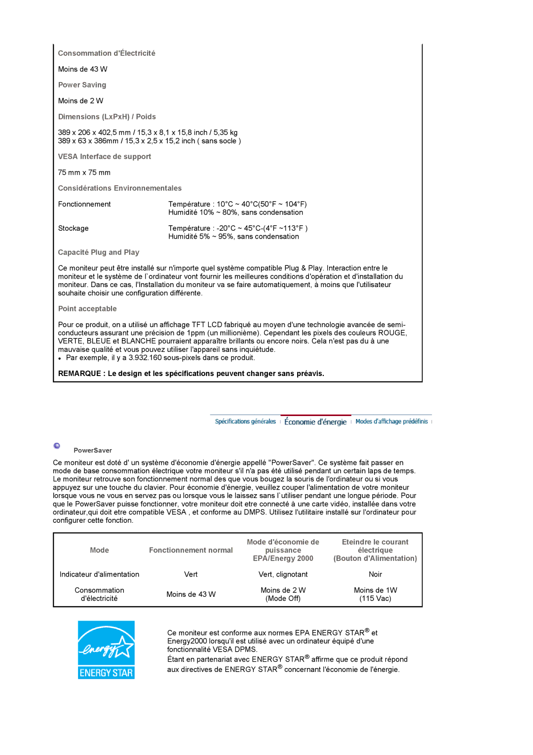 Samsung LS17MCASS/EDC manual Consommation dÉlectricité 