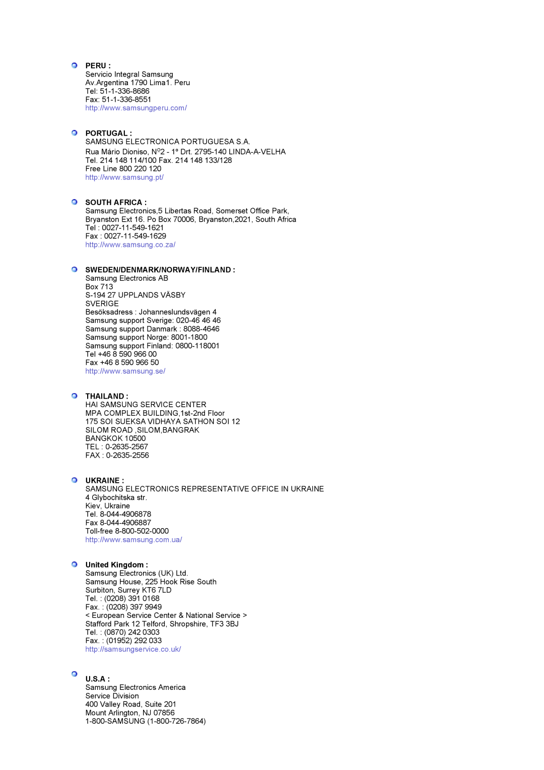 Samsung LS17MCASS/EDC manual Peru, Portugal, South Africa, Sweden/Denmark/Norway/Finland, Thailand, Ukraine 