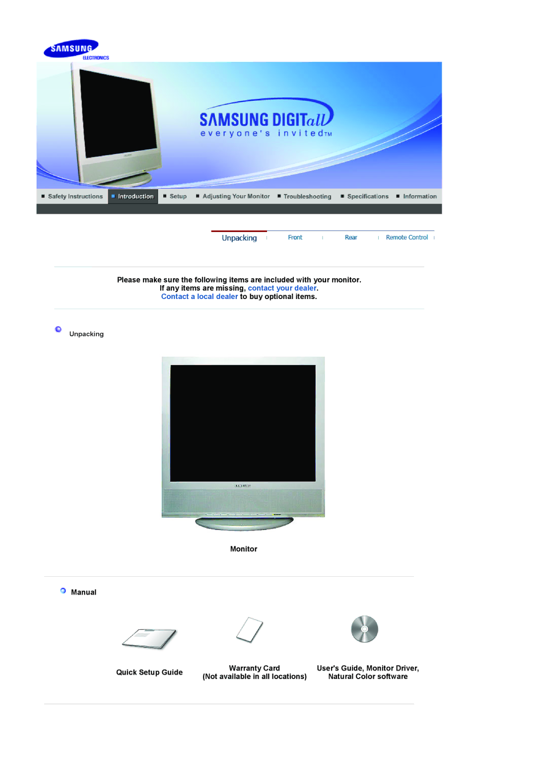 Samsung LS17MCASS/EDC manual Contact a local dealer to buy optional items, Monitor Manual Quick Setup Guide 