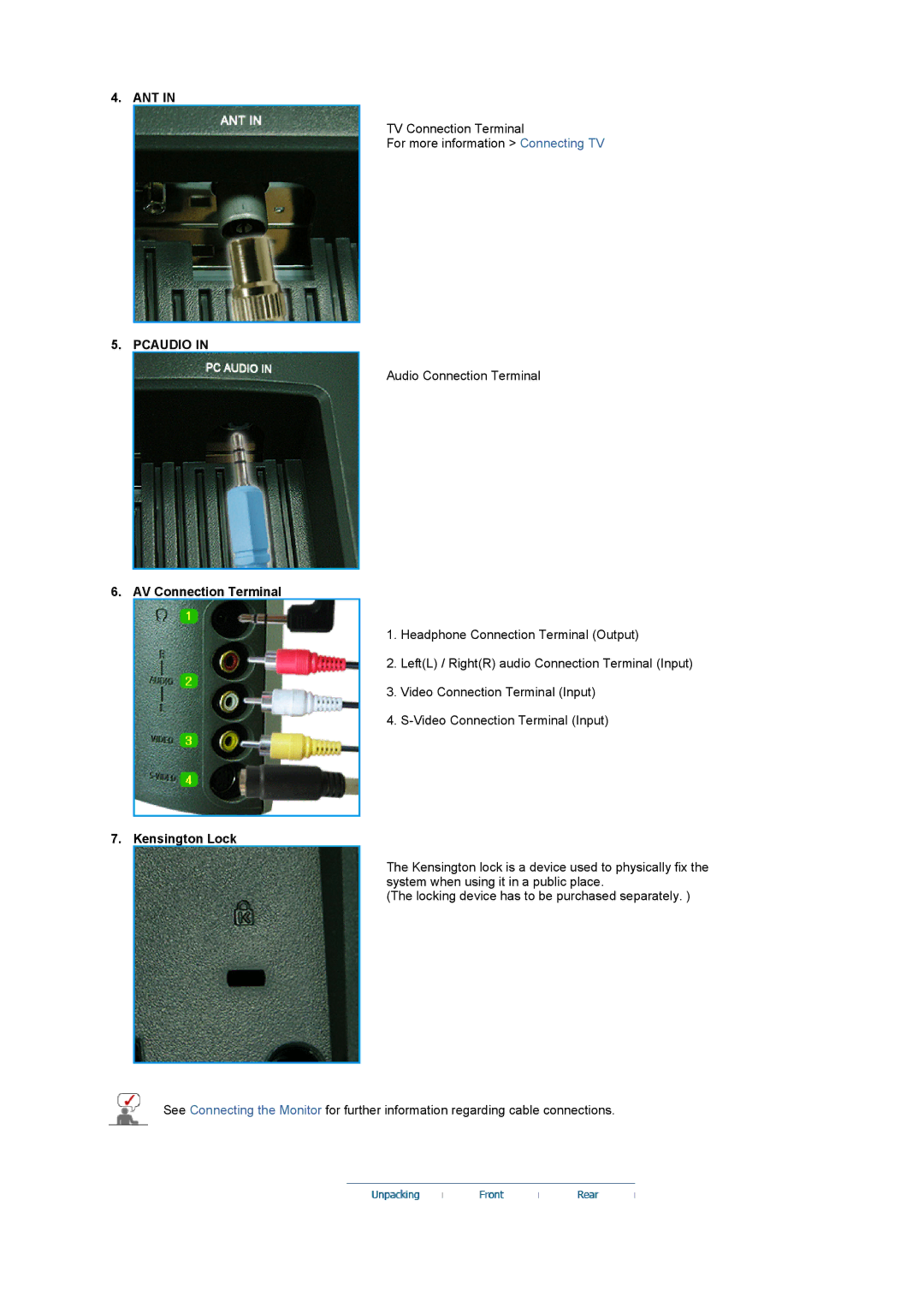 Samsung LS17MCASS/EDC manual Ant, Pcaudio, AV Connection Terminal, Kensington Lock 