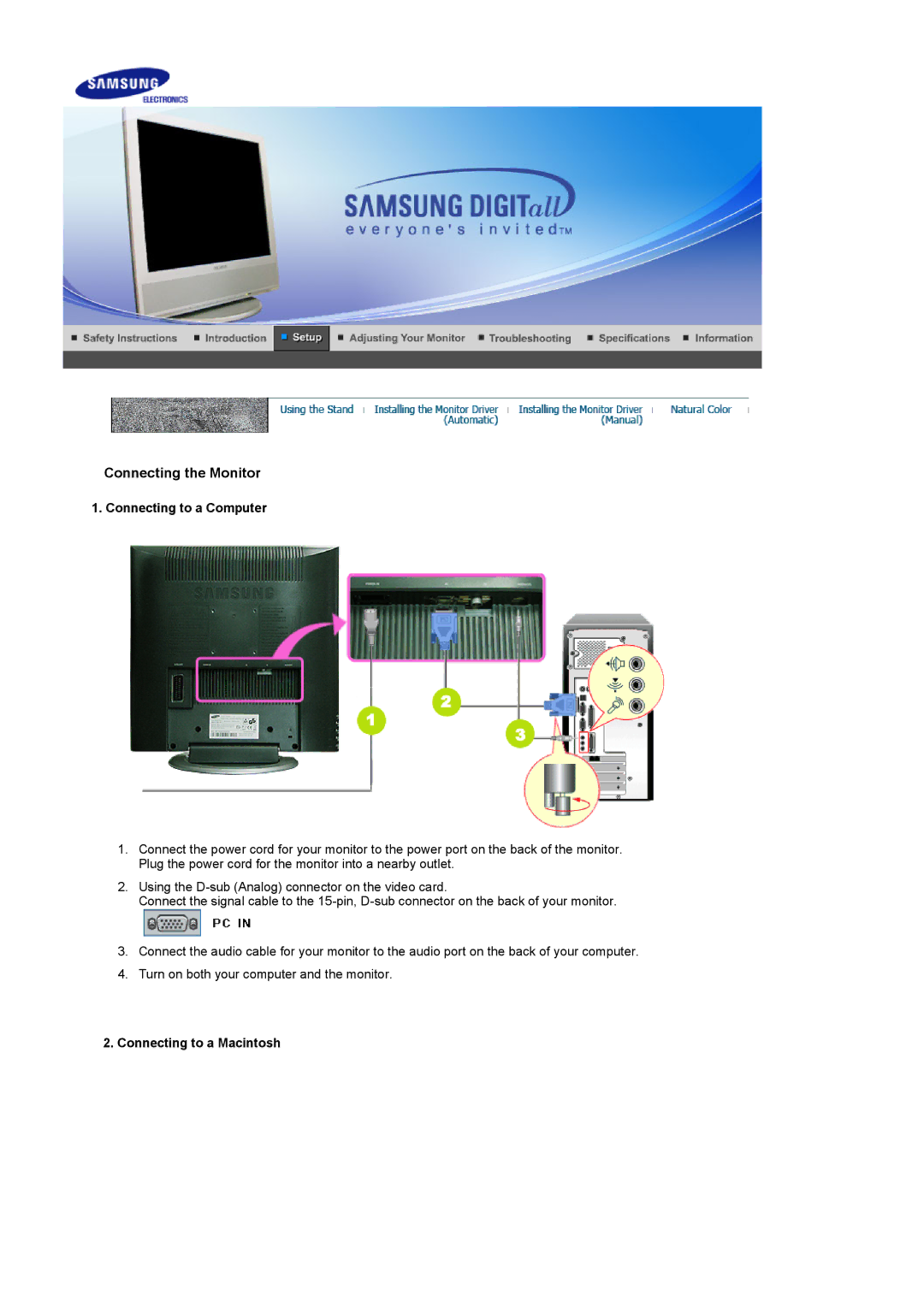 Samsung LS17MCASS/EDC manual Connecting to a Computer, Connecting to a Macintosh 