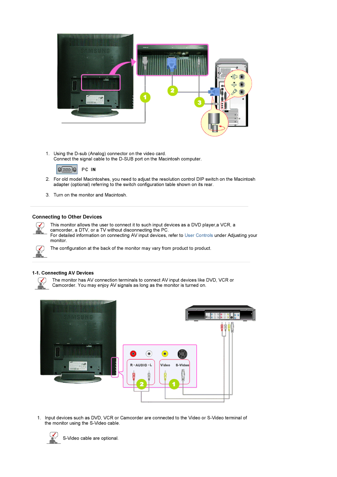 Samsung LS17MCASS/EDC manual Connecting to Other Devices, Connecting AV Devices 