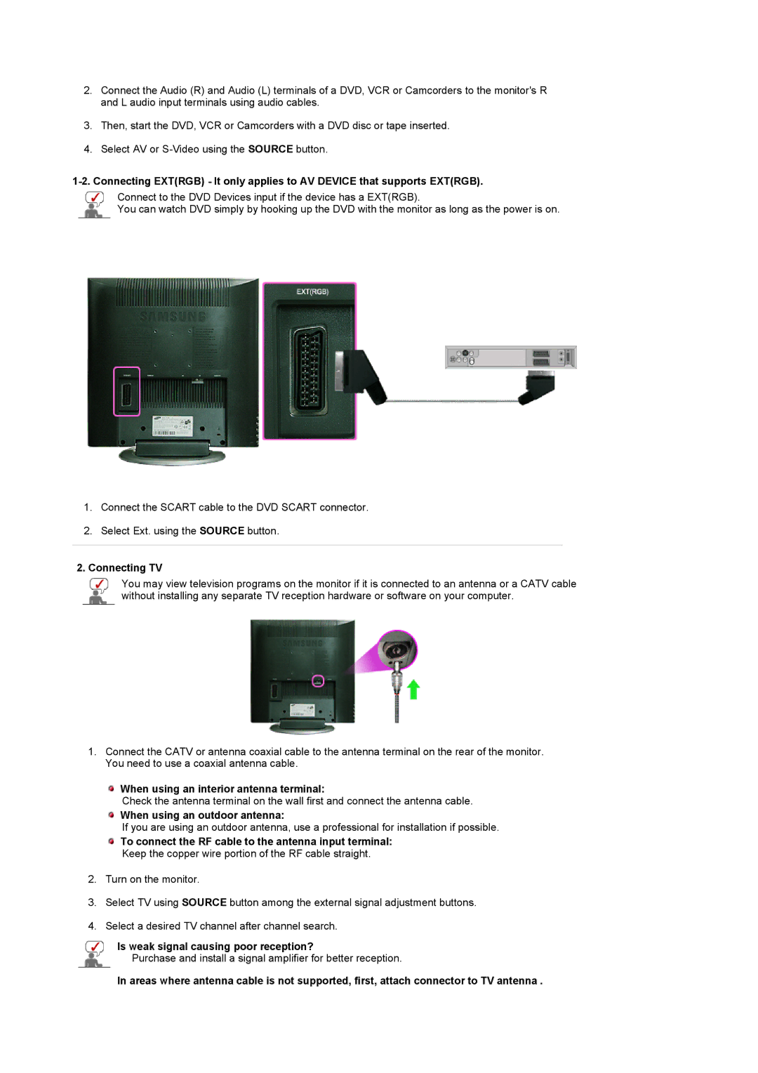 Samsung LS17MCASS/EDC manual Connecting TV, When using an interior antenna terminal, When using an outdoor antenna 