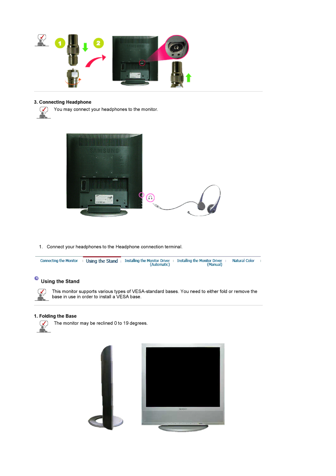 Samsung LS17MCASS/EDC manual Connecting Headphone, Folding the Base 