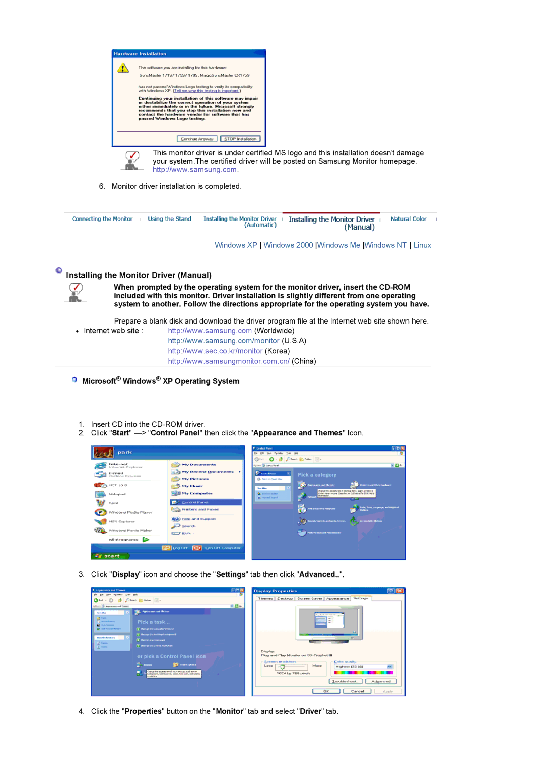 Samsung LS17MCASS/EDC manual Installing the Monitor Driver Manual, Microsoft Windows XP Operating System 