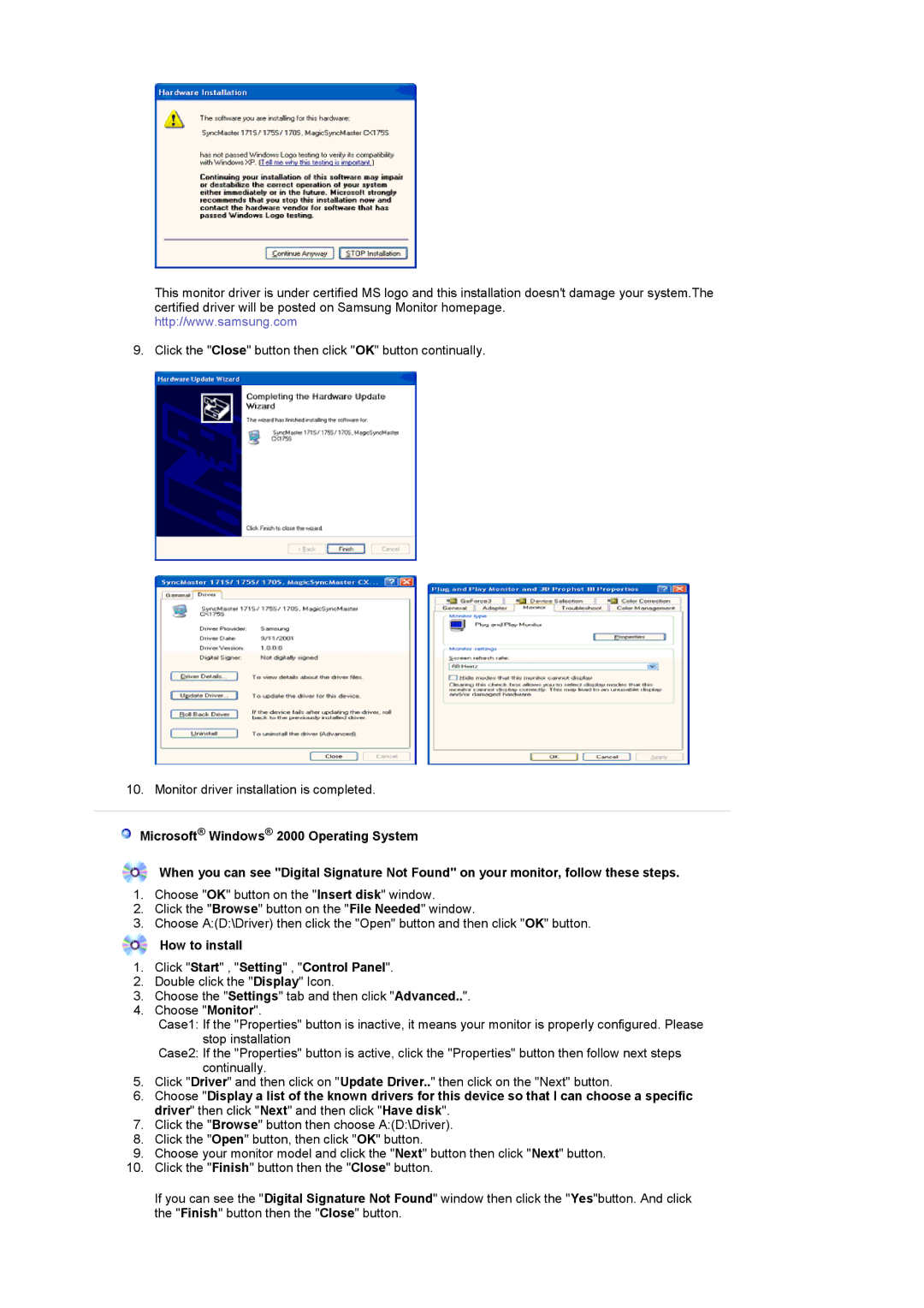 Samsung LS17MCASS/EDC manual How to install Click Start , Setting , Control Panel 