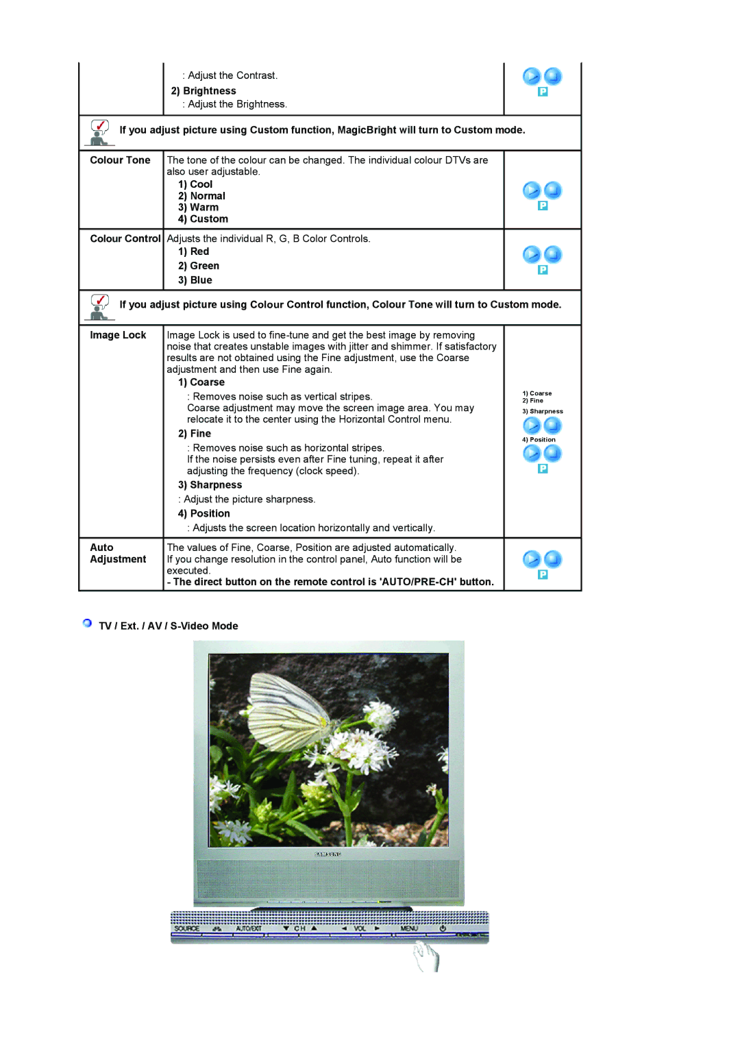 Samsung LS17MCASS/EDC manual Brightness, Cool Normal Warm Custom, Coarse, Fine, Sharpness, Position, Auto, Adjustment 