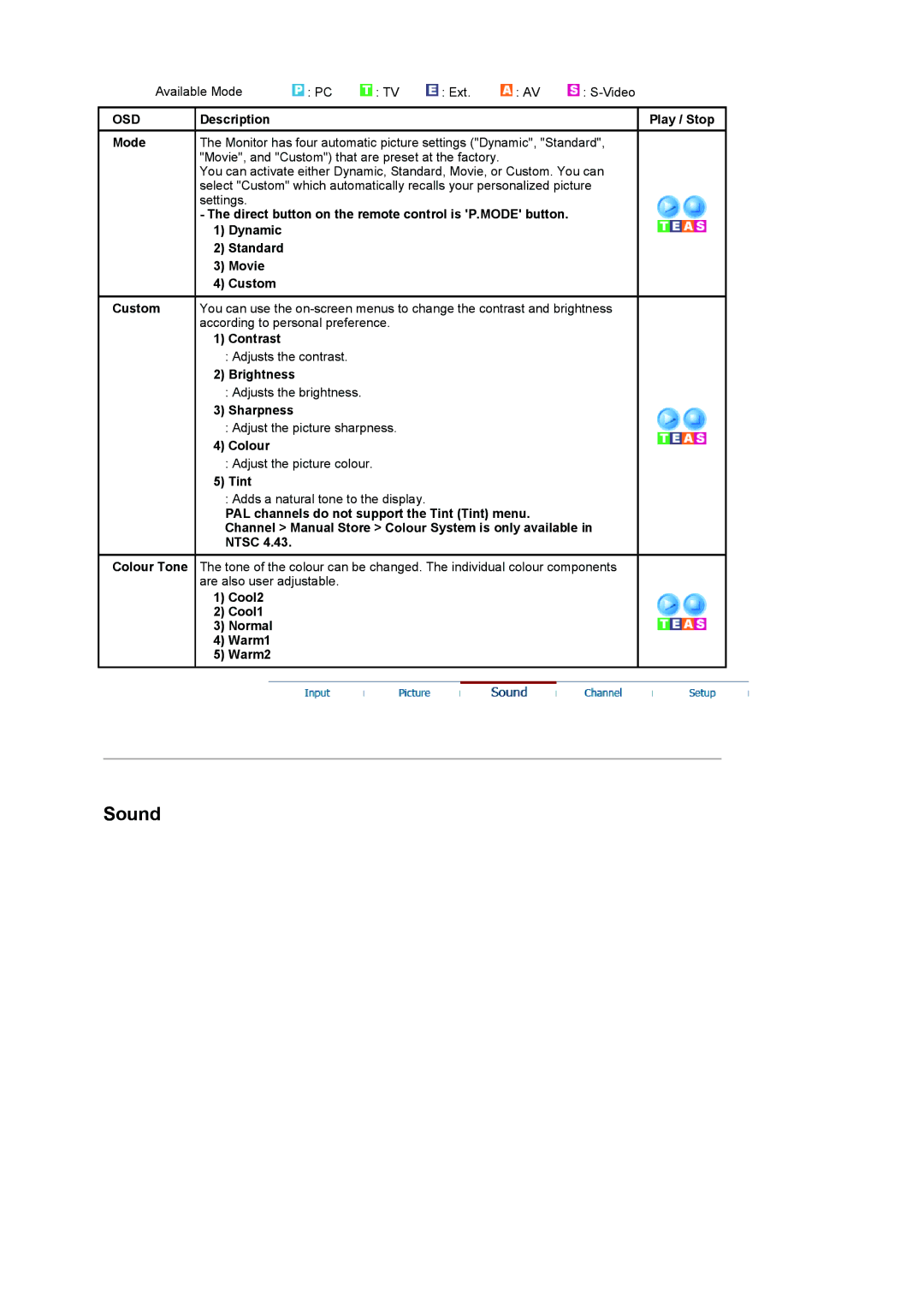 Samsung LS17MCASS/EDC manual Description Play / Stop Mode, Colour, Tint, Cool2 Cool1 Normal Warm1 Warm2 