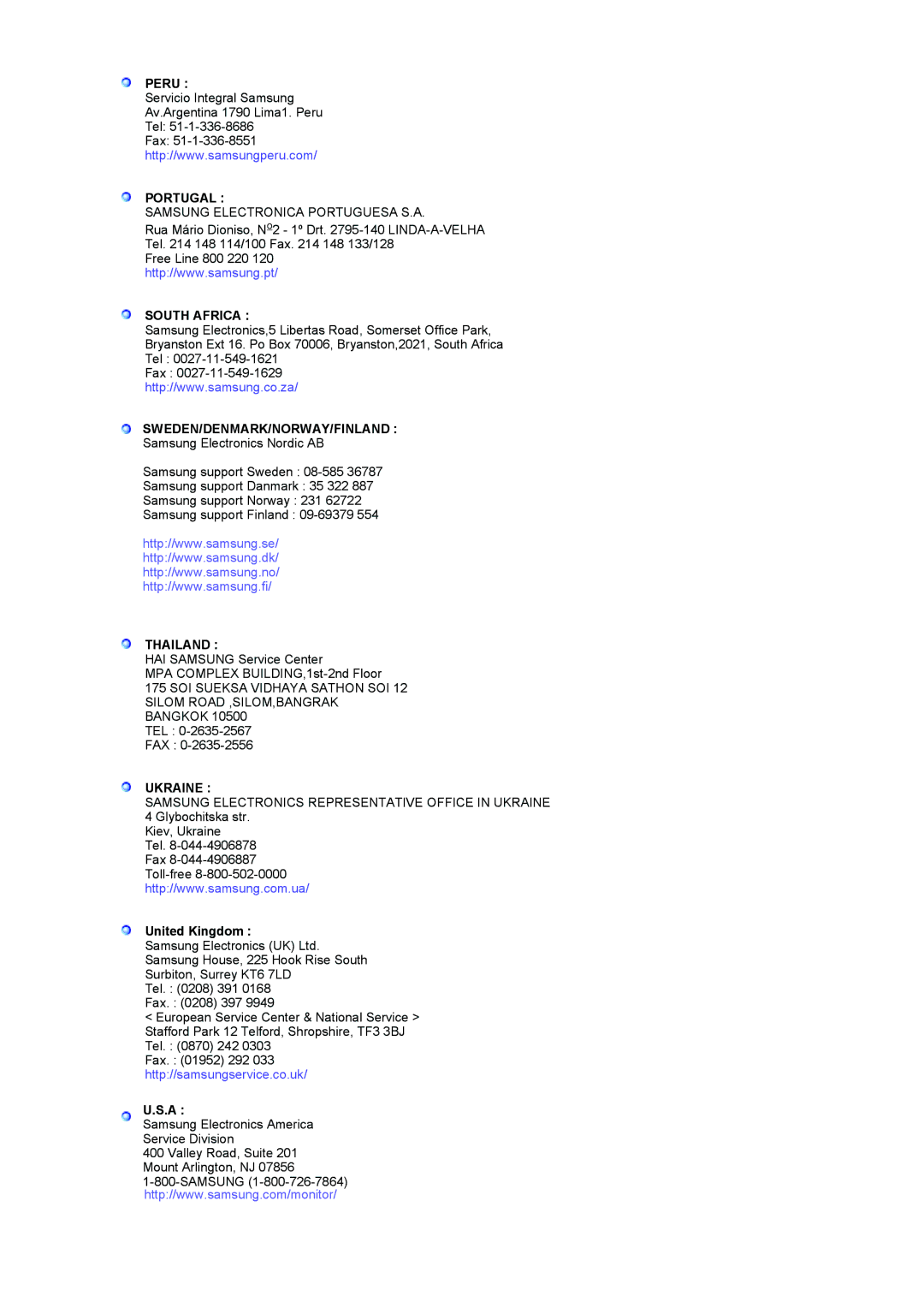 Samsung LS17MCASS/EDC manual Peru, Portugal, South Africa, Sweden/Denmark/Norway/Finland, Thailand, Ukraine 