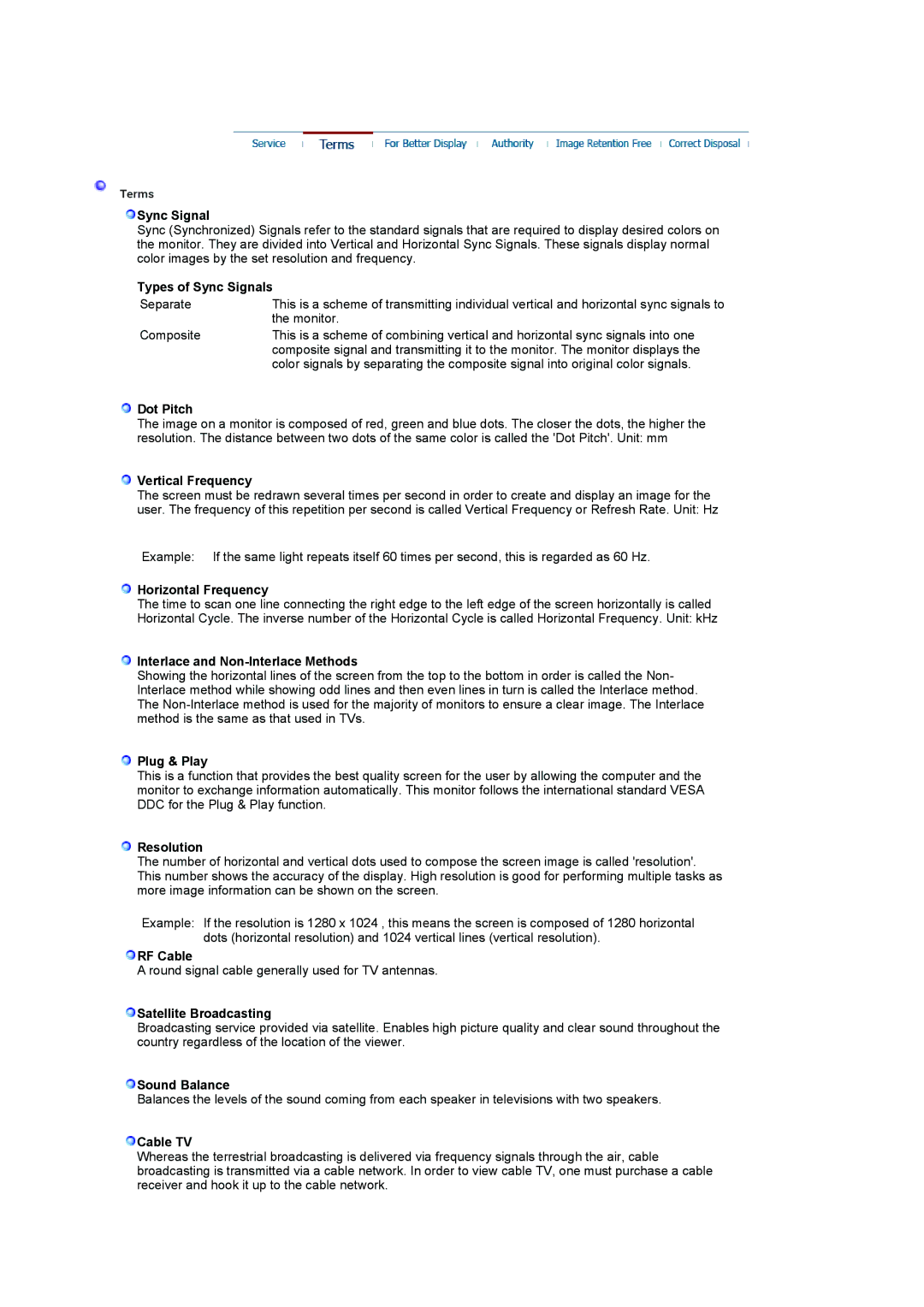 Samsung LS17MCASS/EDC manual Types of Sync Signals, Dot Pitch, Vertical Frequency, Horizontal Frequency, Plug & Play 