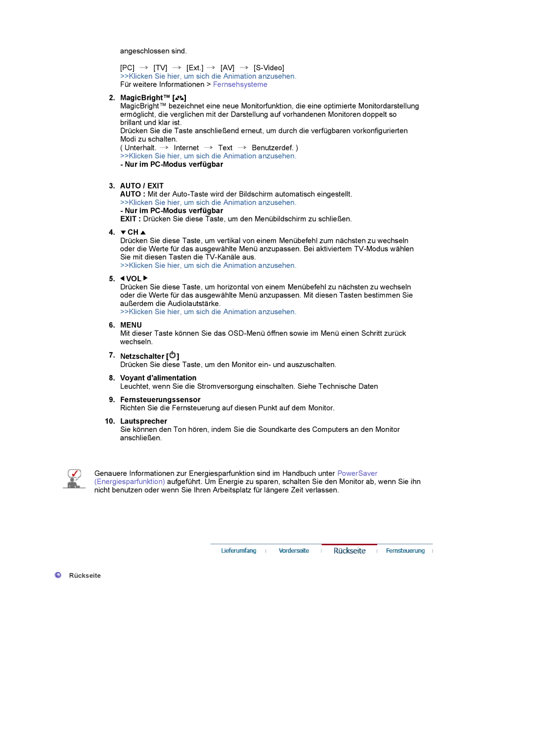 Samsung LS17MCASS/EDC manual Nur im PC-Modus verfügbar, Auto / Exit, Netzschalter, Fernsteuerungssensor 