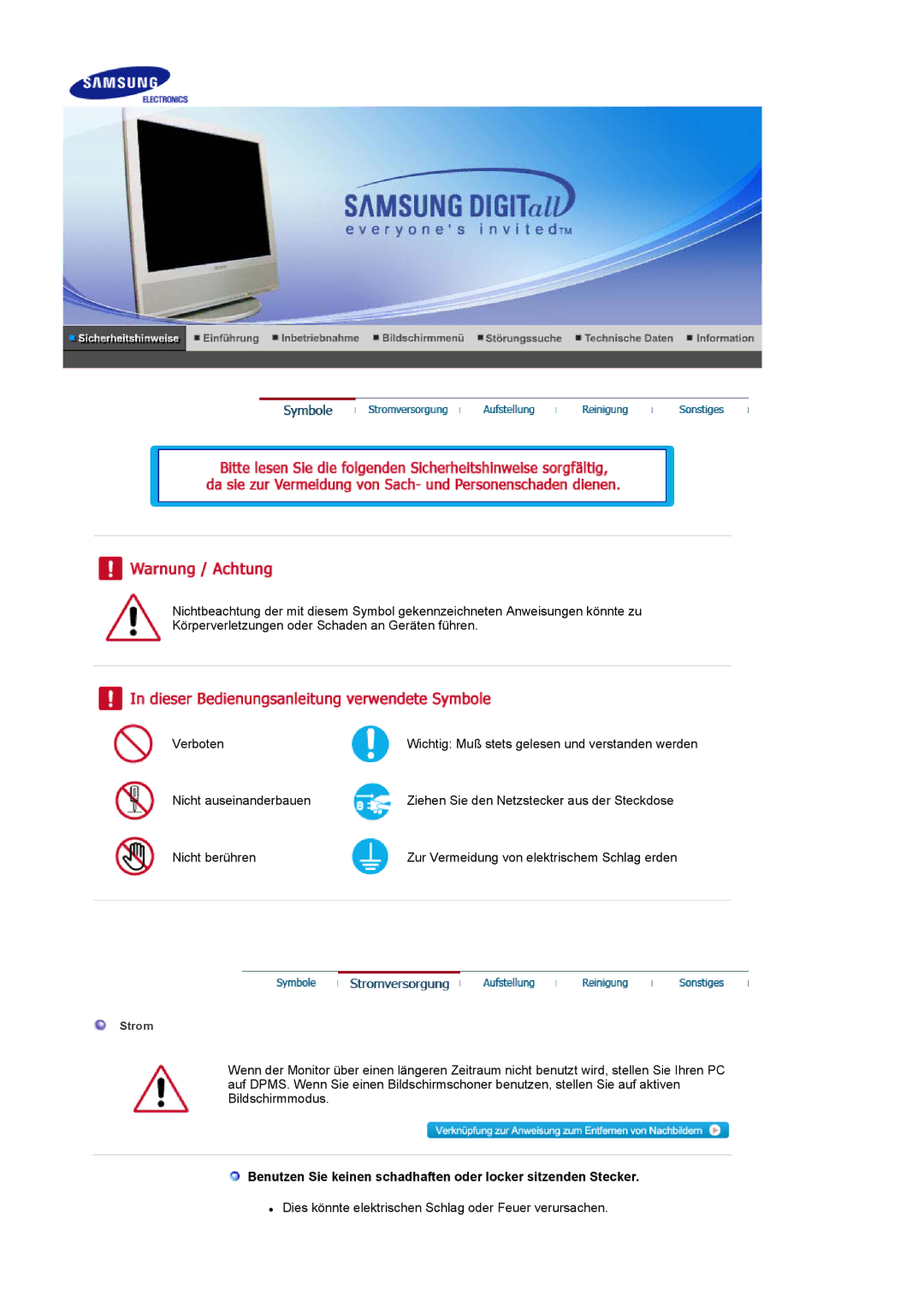 Samsung LS17MCASS/EDC manual Dies könnte elektrischen Schlag oder Feuer verursachen 