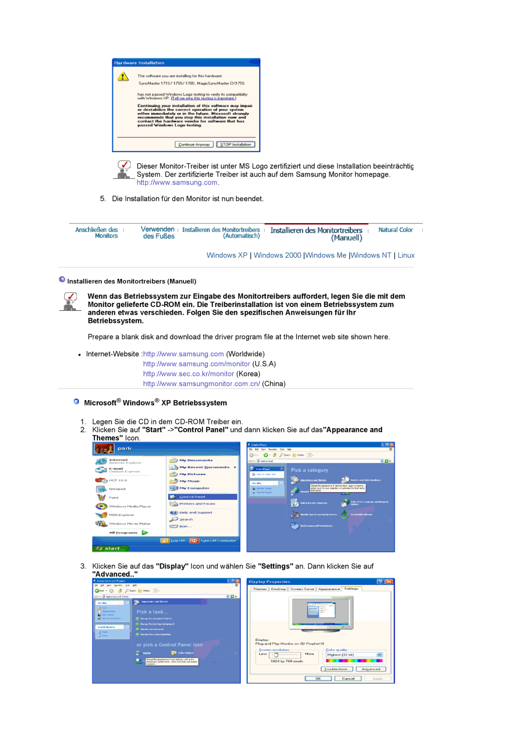 Samsung LS17MCASS/EDC manual Microsoft Windows XP Betriebssystem, Advanced 