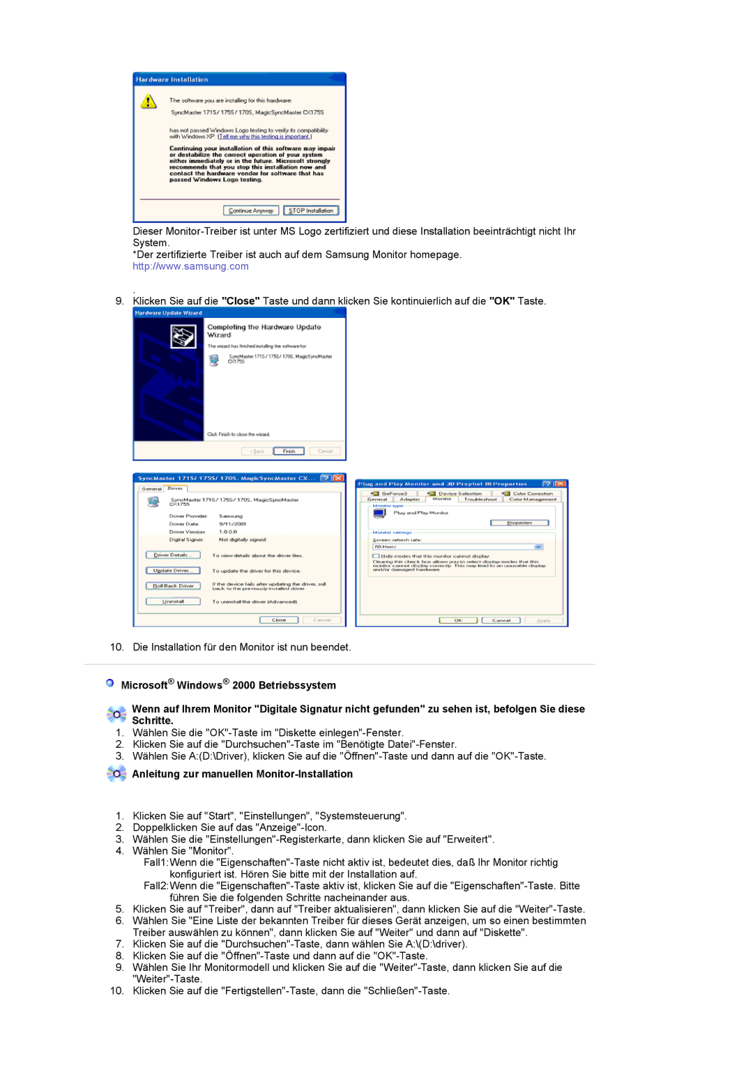 Samsung LS17MCASS/EDC manual Anleitung zur manuellen Monitor-Installation 