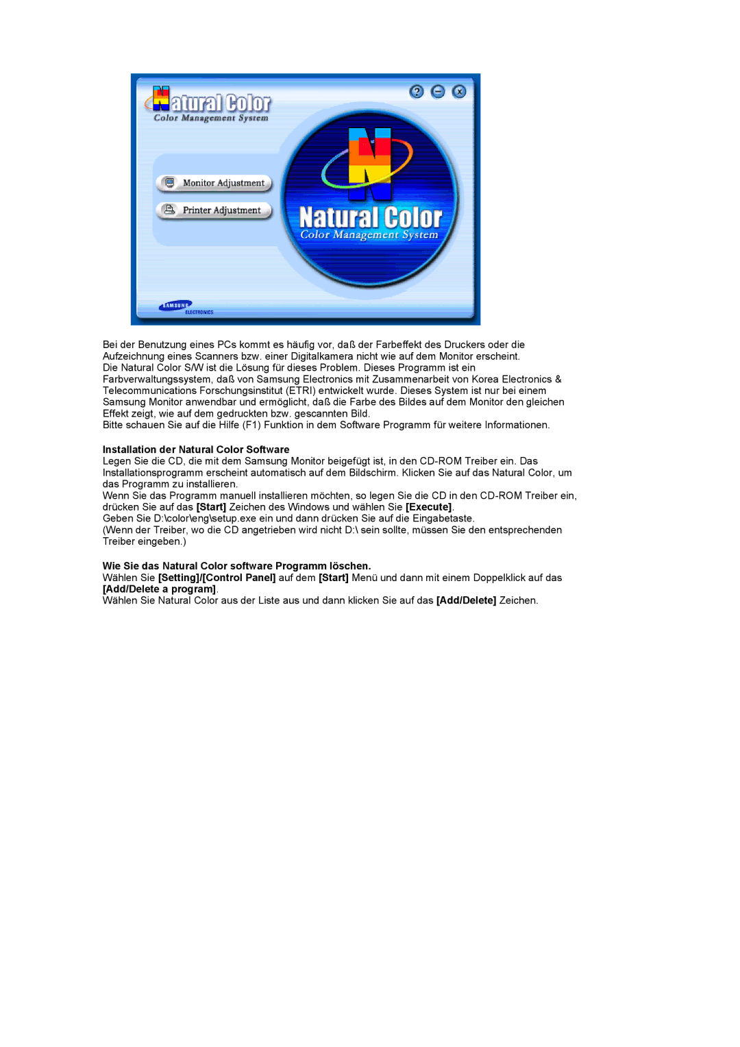 Samsung LS17MCASS/EDC manual Installation der Natural Color Software, Wie Sie das Natural Color software Programm löschen 