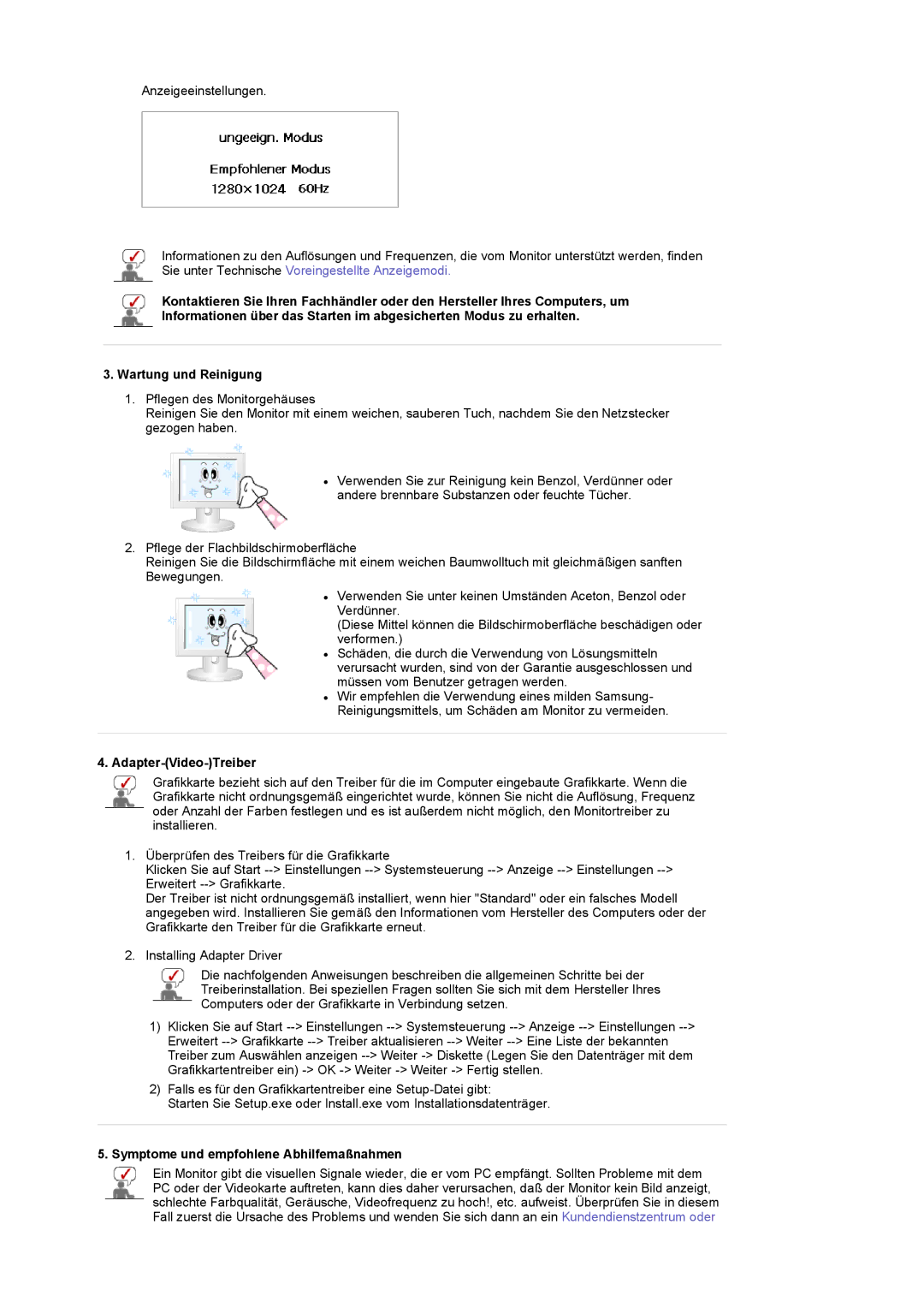 Samsung LS17MCASS/EDC manual Adapter-Video-Treiber, Symptome und empfohlene Abhilfemaßnahmen 