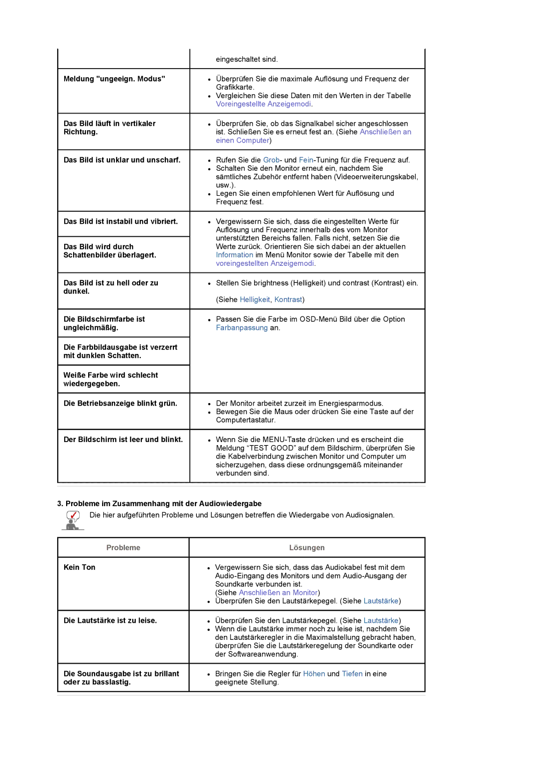 Samsung LS17MCASS/EDC manual Probleme im Zusammenhang mit der Audiowiedergabe 