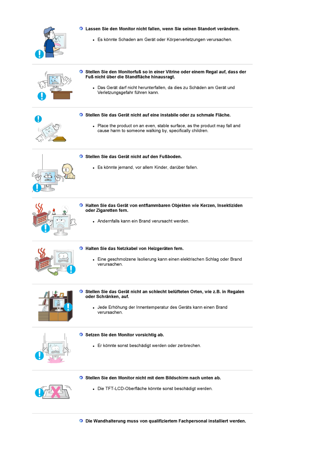 Samsung LS17MCASS/EDC manual Stellen Sie das Gerät nicht auf den Fußboden, Halten Sie das Netzkabel von Heizgeräten fern 