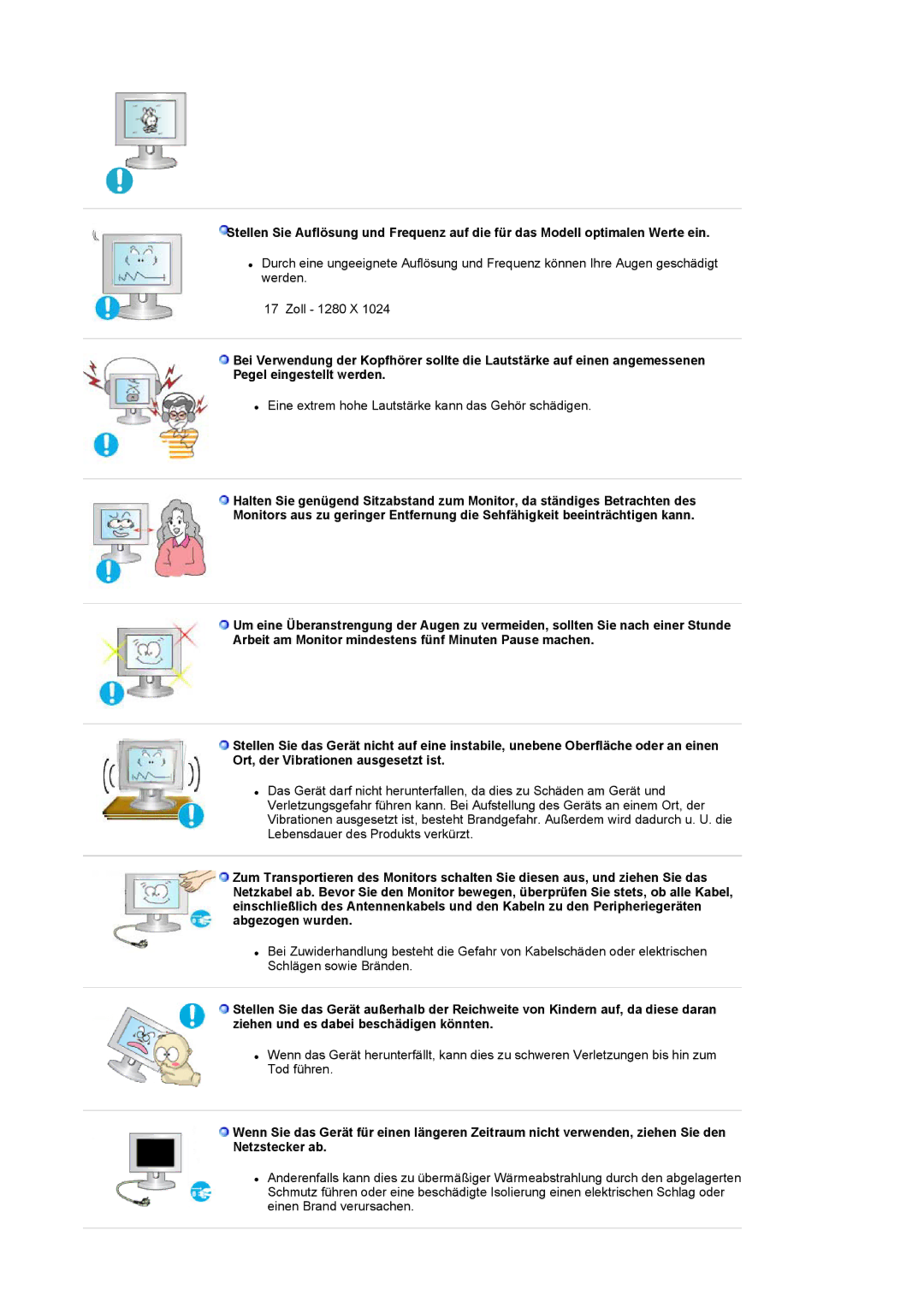 Samsung LS17MCASS/EDC manual Eine extrem hohe Lautstärke kann das Gehör schädigen 