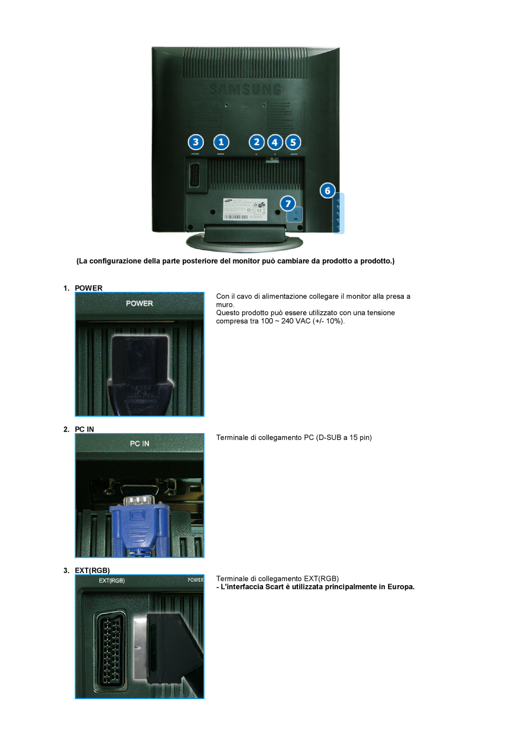 Samsung LS17MCASS/EDC manual Power, Extrgb, Linterfaccia Scart è utilizzata principalmente in Europa 