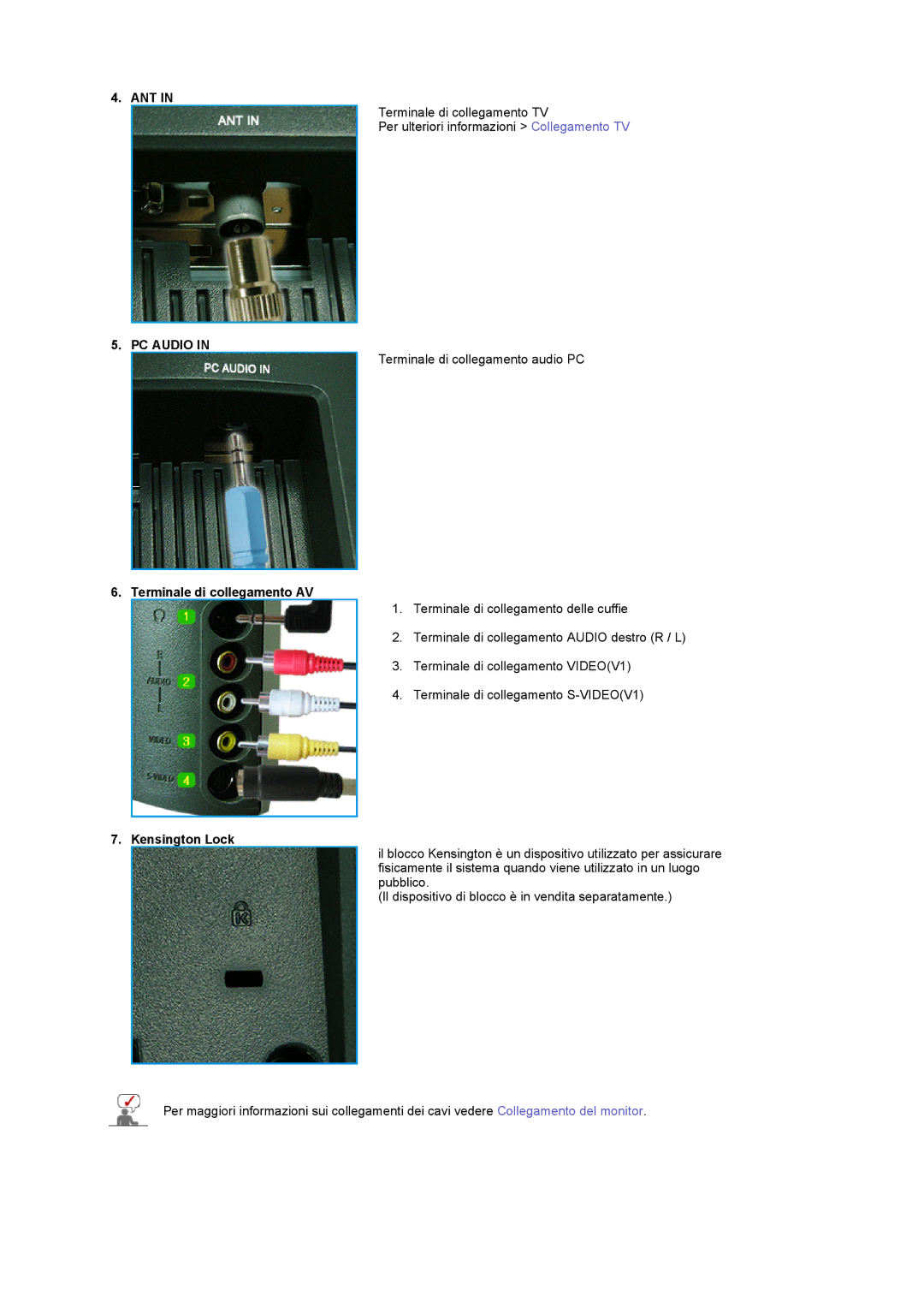 Samsung LS17MCASS/EDC manual Ant, PC Audio, Terminale di collegamento AV, Kensington Lock 