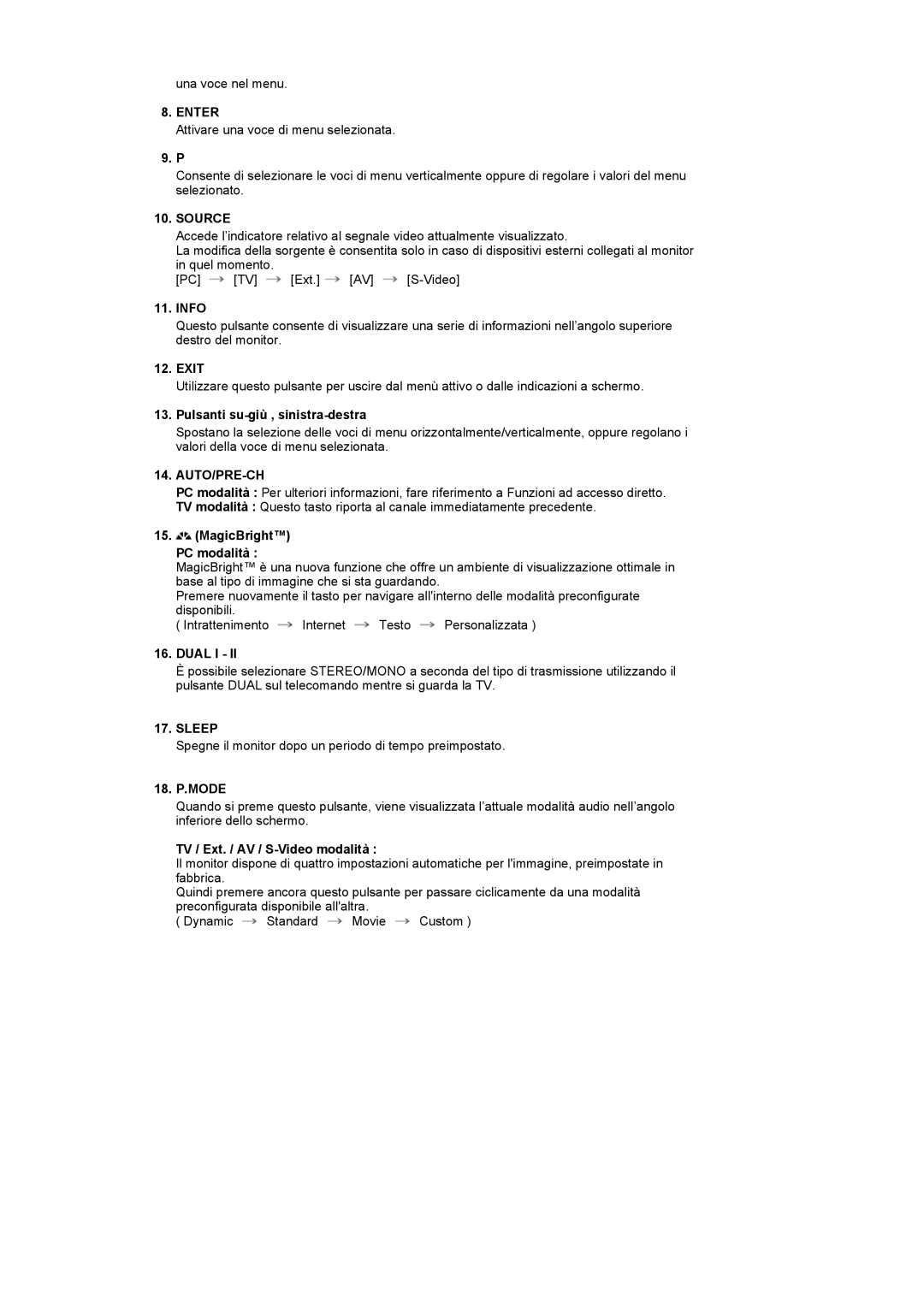 Samsung LS17MCASS/EDC manual Info, MagicBright PC modalità, TV / Ext. / AV / S-Video modalità 