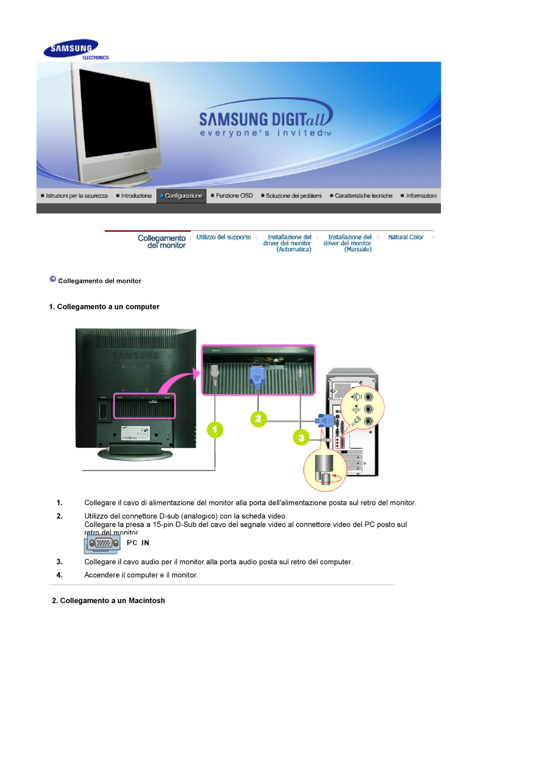 Samsung LS17MCASS/EDC manual Collegamento a un computer, Collegamento a un Macintosh 