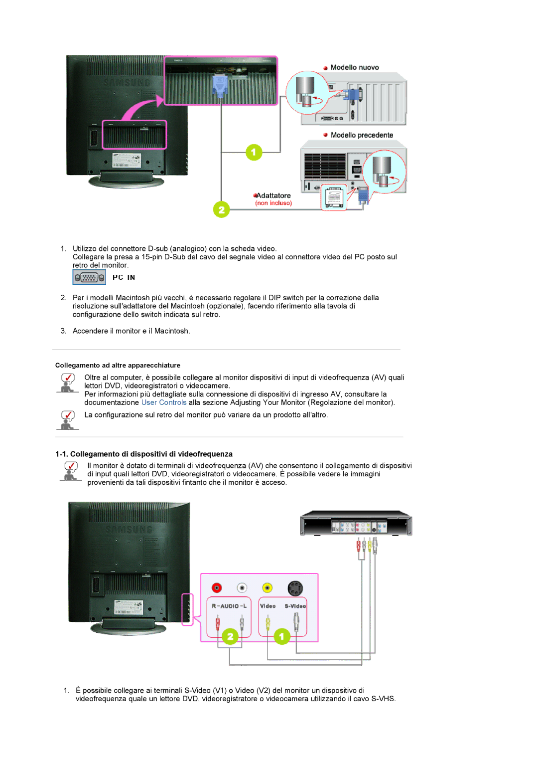 Samsung LS17MCASS/EDC manual Collegamento di dispositivi di videofrequenza 