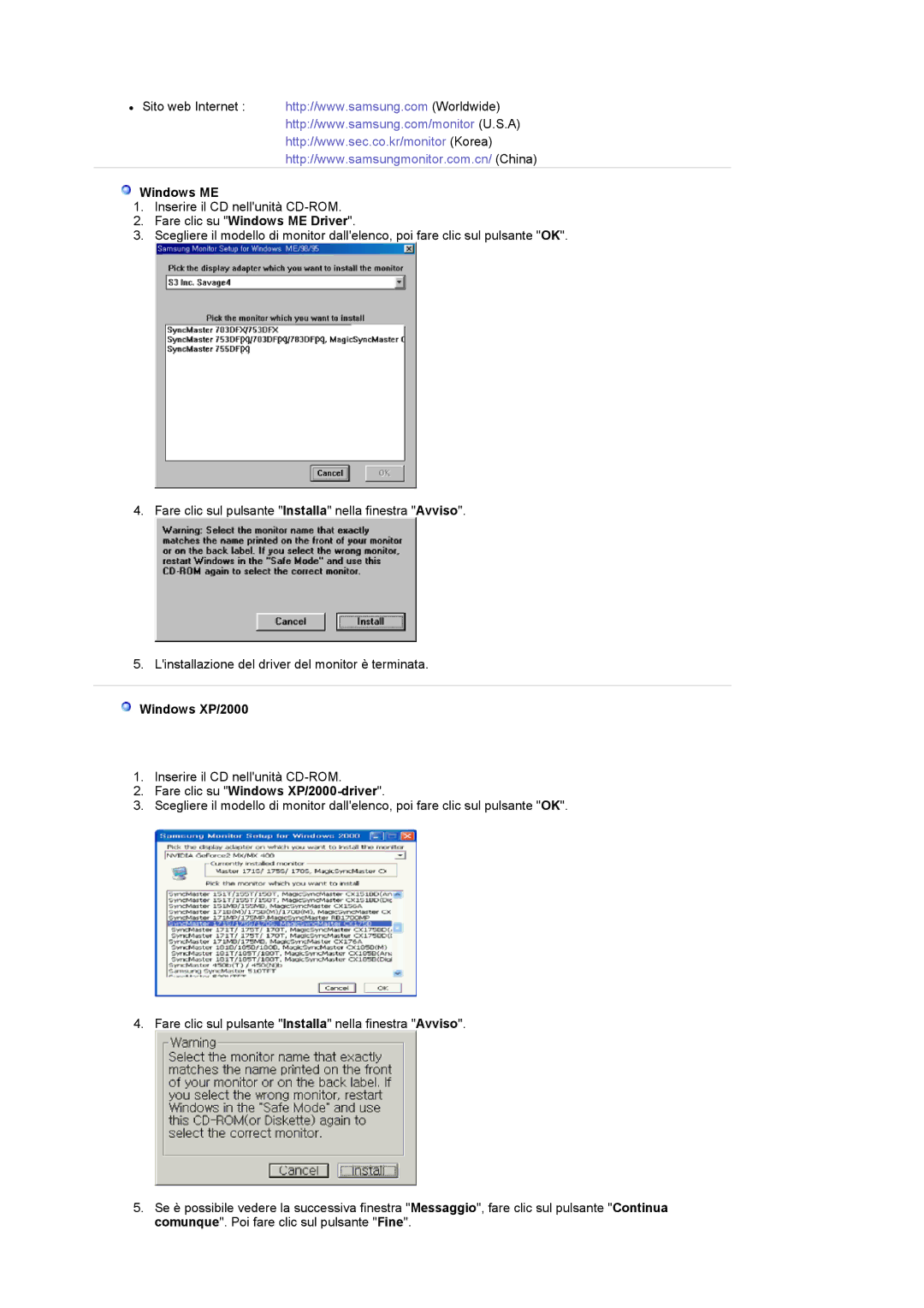 Samsung LS17MCASS/EDC manual Fare clic su Windows ME Driver, Fare clic su Windows XP/2000-driver 