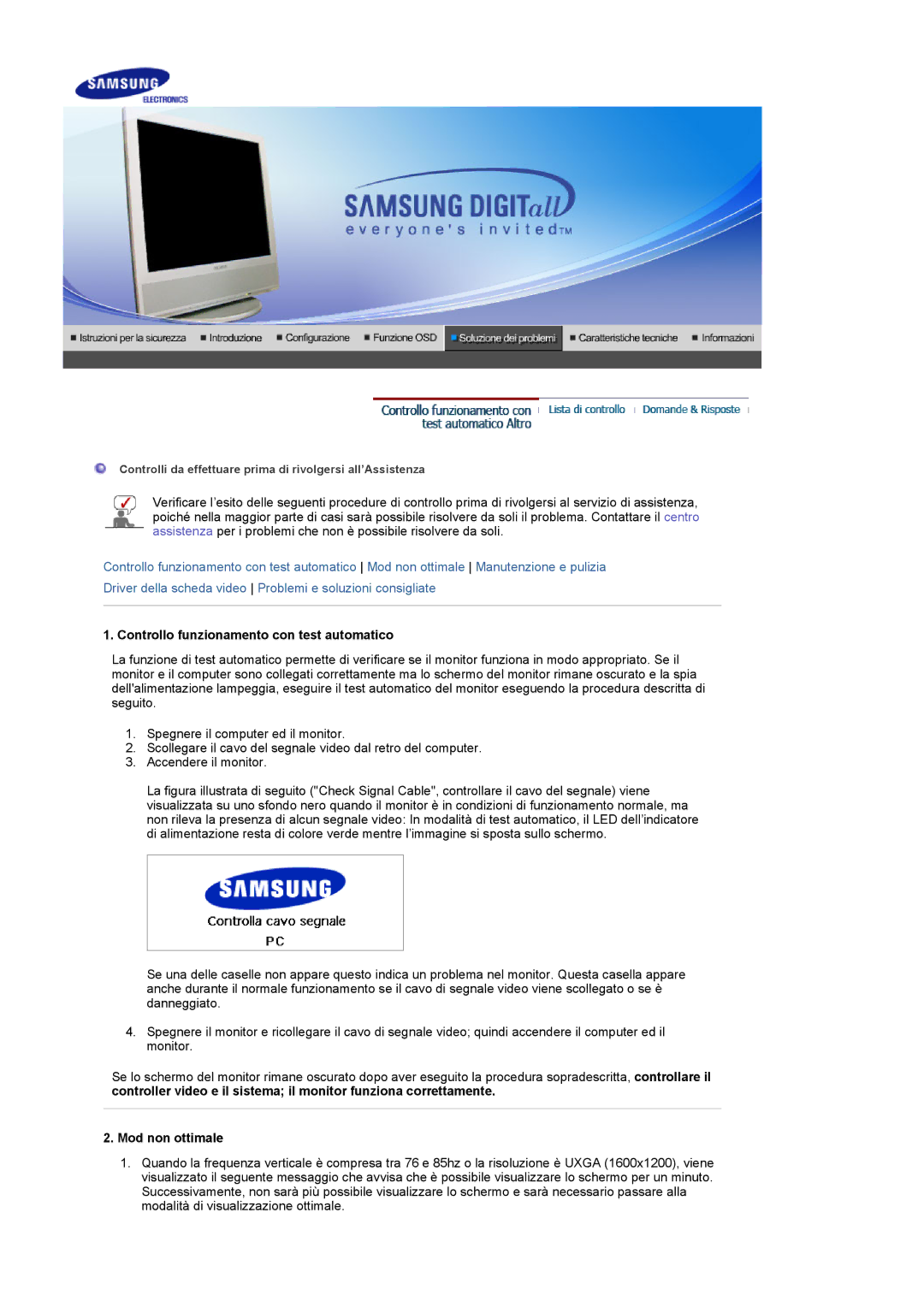 Samsung LS17MCASS/EDC manual Controllo funzionamento con test automatico, Mod non ottimale 