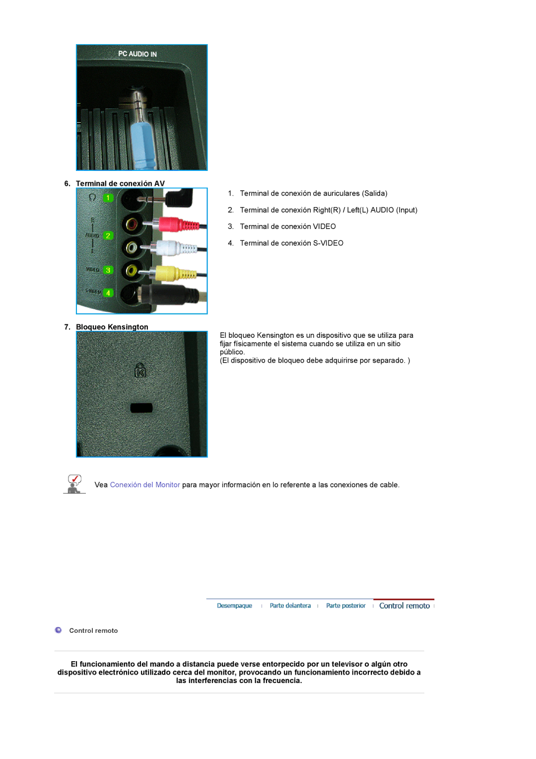 Samsung LS17MCASS/EDC manual Terminal de conexión AV, Bloqueo Kensington 