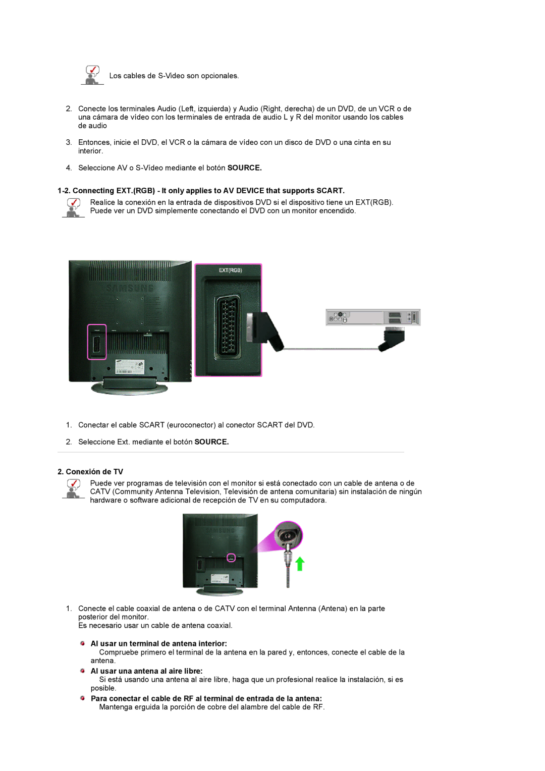 Samsung LS17MCASS/EDC manual Conexión de TV, Al usar un terminal de antena interior, Al usar una antena al aire libre 