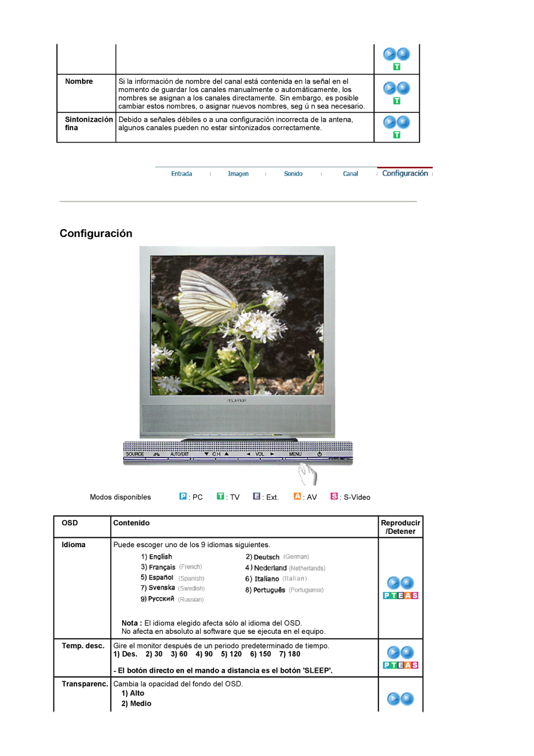 Samsung LS17MCASS/EDC manual Sintonización, Fina, Idioma, Alto Medio 