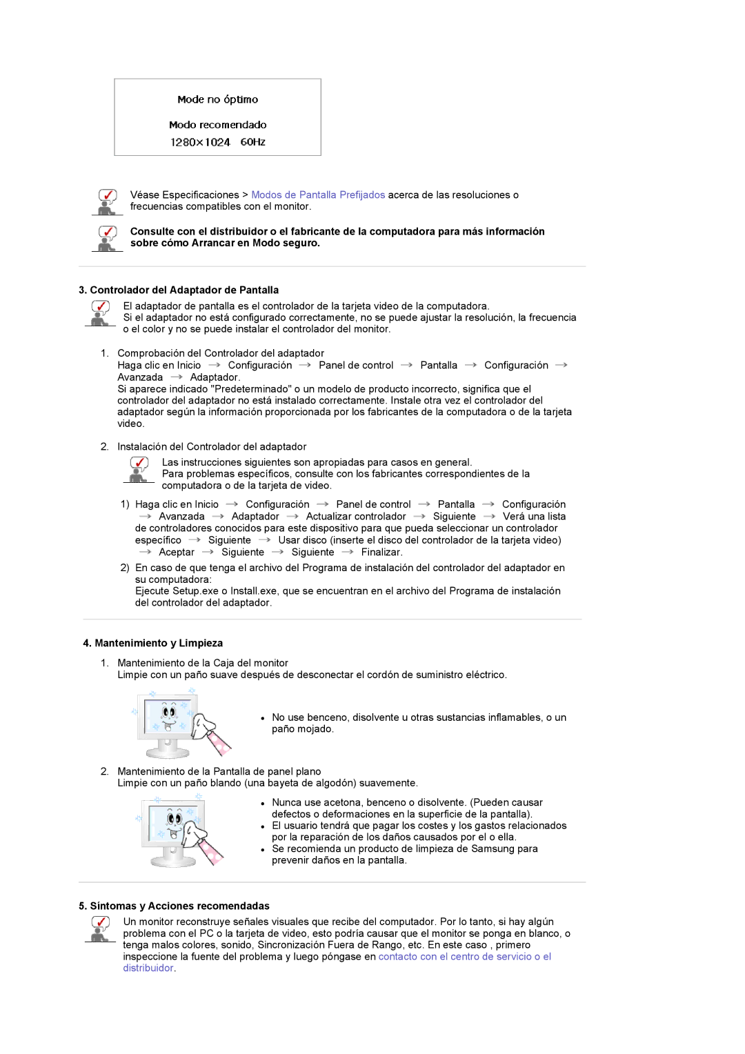 Samsung LS17MCASS/EDC manual Mantenimiento y Limpieza, Síntomas y Acciones recomendadas 