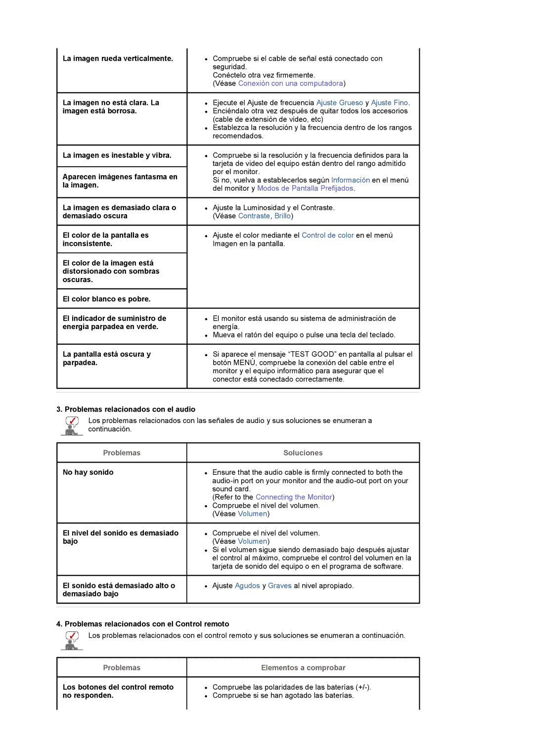 Samsung LS17MCASS/EDC manual La pantalla está oscura y parpadea, Problemas relacionados con el audio 