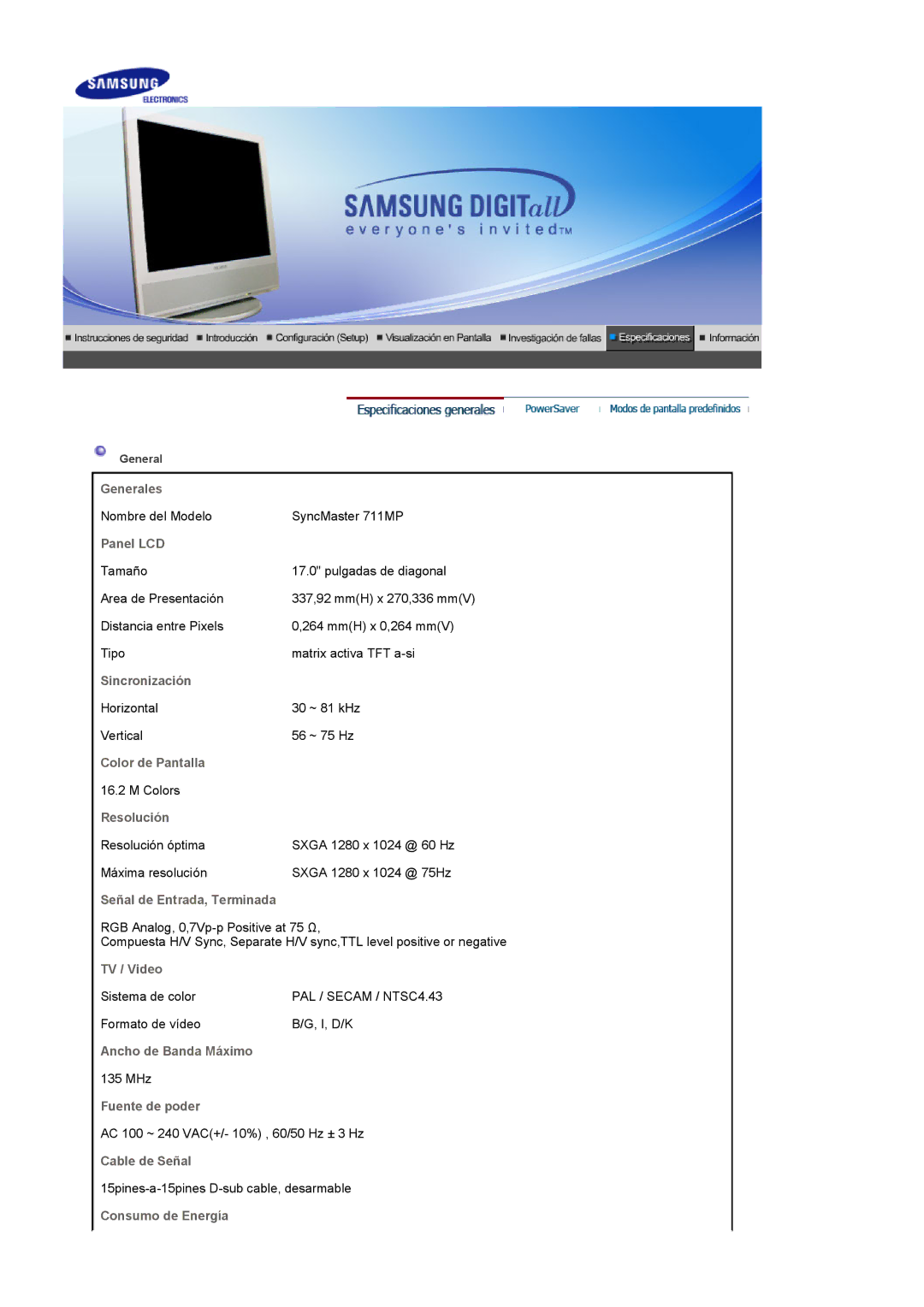 Samsung LS17MCASS/EDC manual Generales 