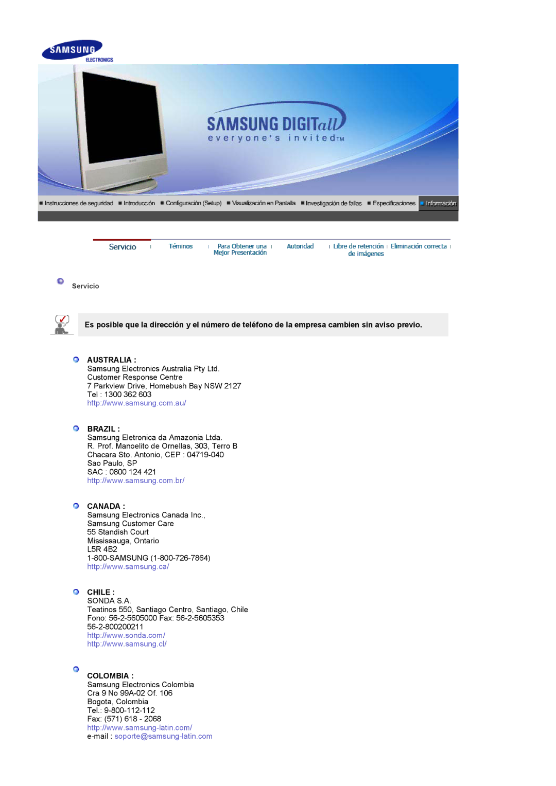 Samsung LS17MCASS/EDC manual Australia Brazil, Canada, Chile Sonda S.A, Colombia 